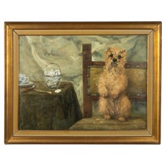 Pittura a olio della fine del XIX secolo con un Cairn Terrier seduto di Albert Toefaert