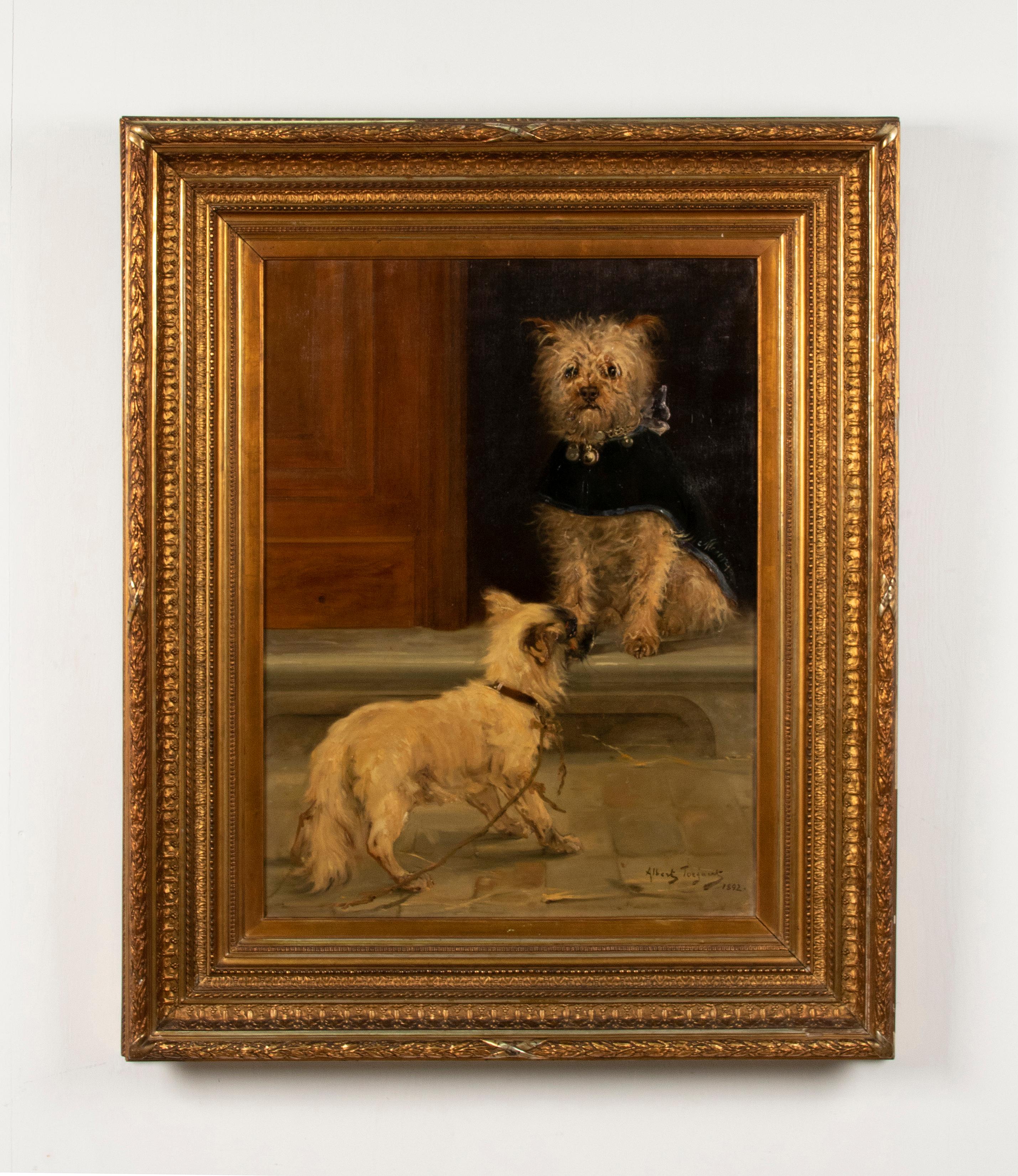 A refined and large antique oil painting with two dogs. One is probably a Cauirn terrier sitting by the doorway. He is wearing a cloak with his name on it: 