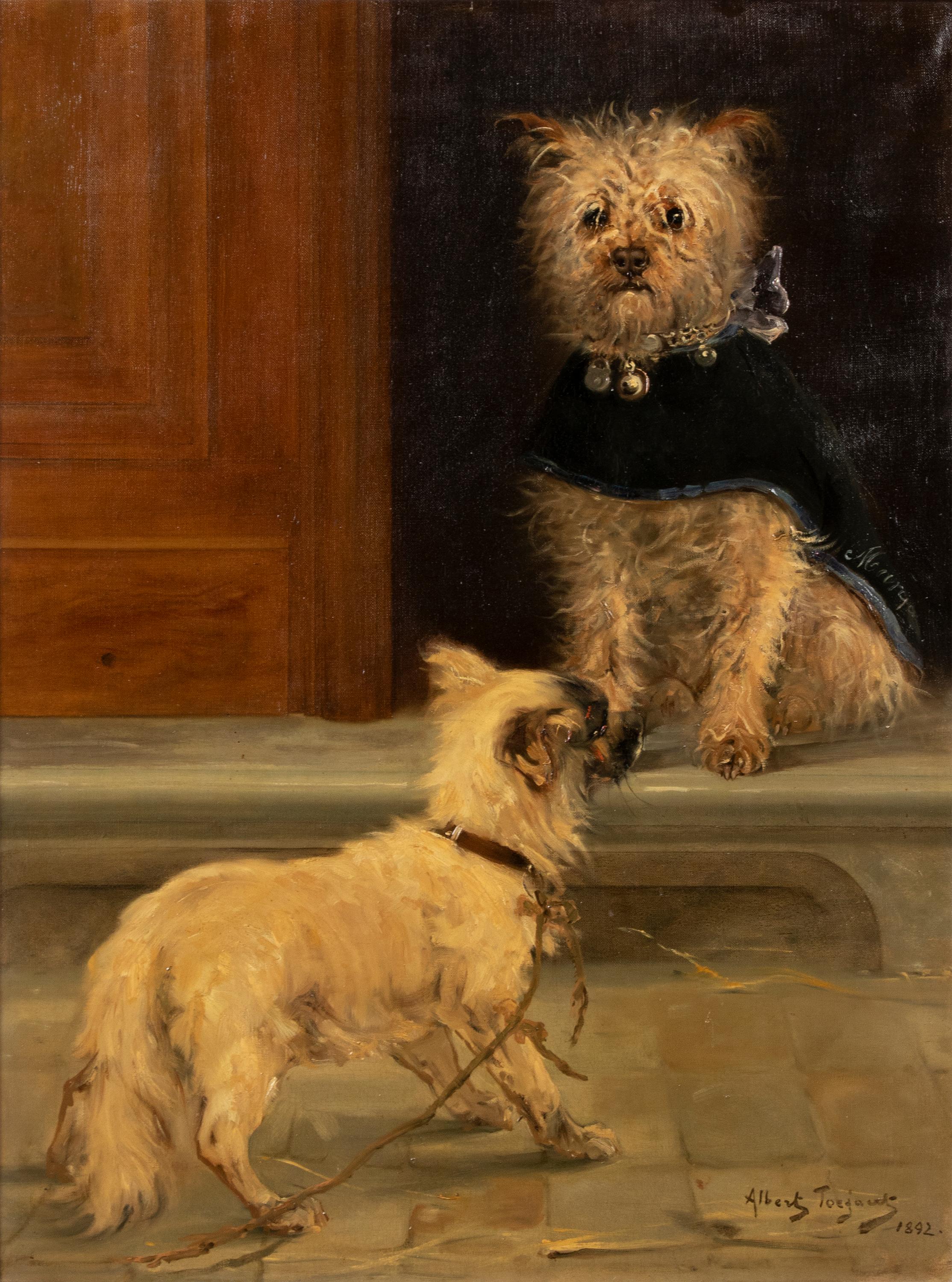 Belle Époque Late 19th Century Oil Painting with Two Dogs, Cairn Terrier, Albert Toeffaert