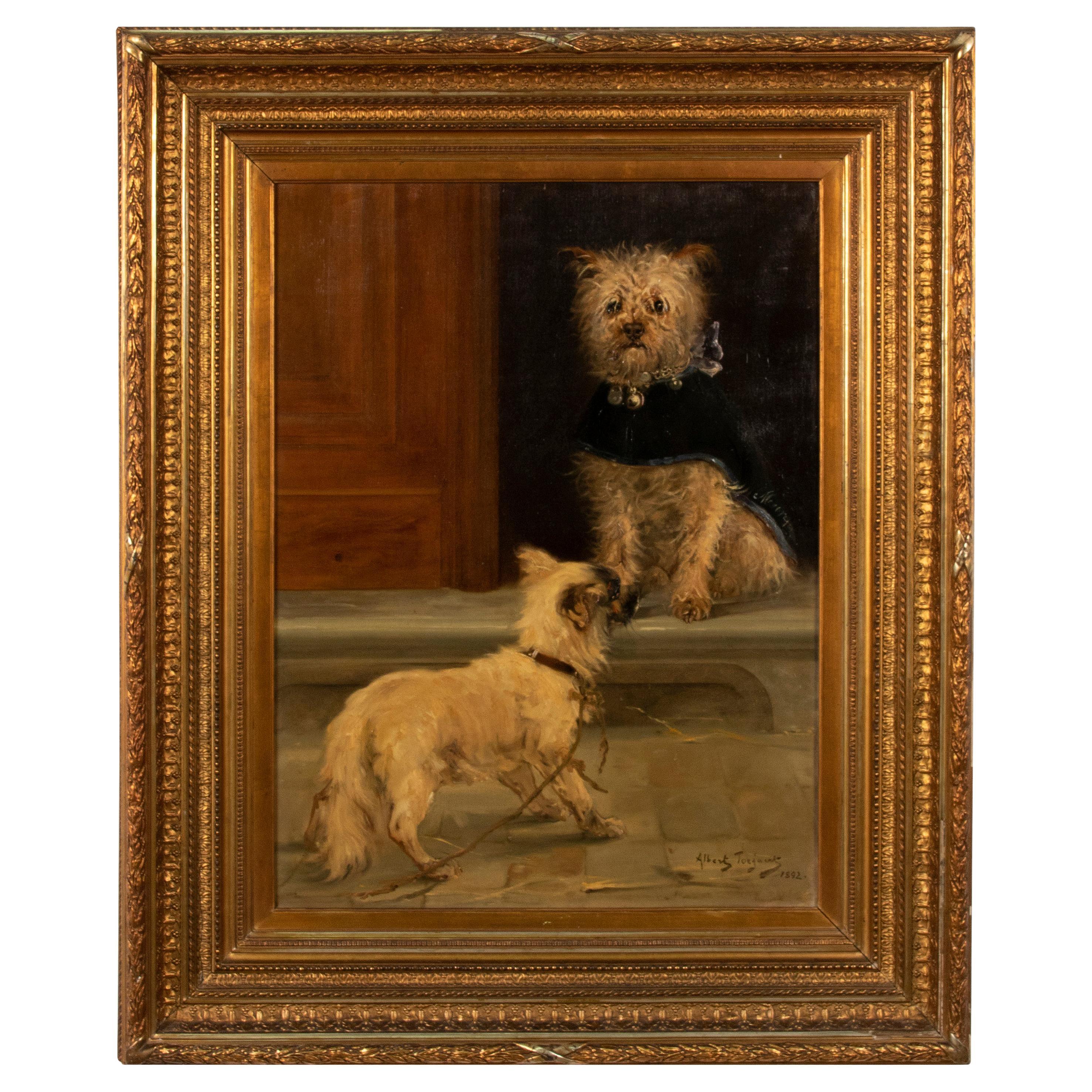 Late 19th Century Oil Painting with Two Dogs, Cairn Terrier, Albert Toeffaert