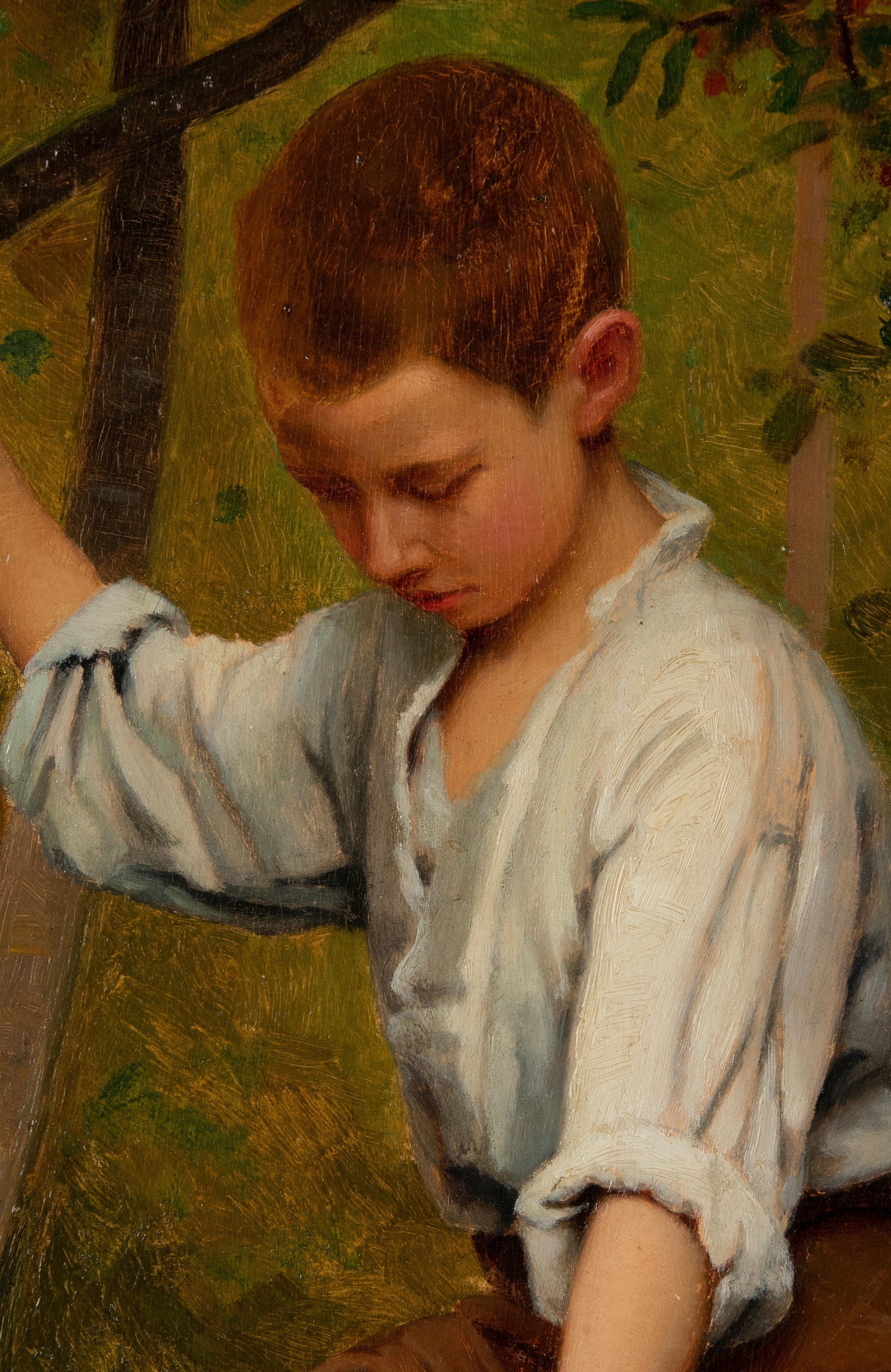 French Late 19th Century Oil Painting Young Boy with a Goat by Frédéric Viret For Sale