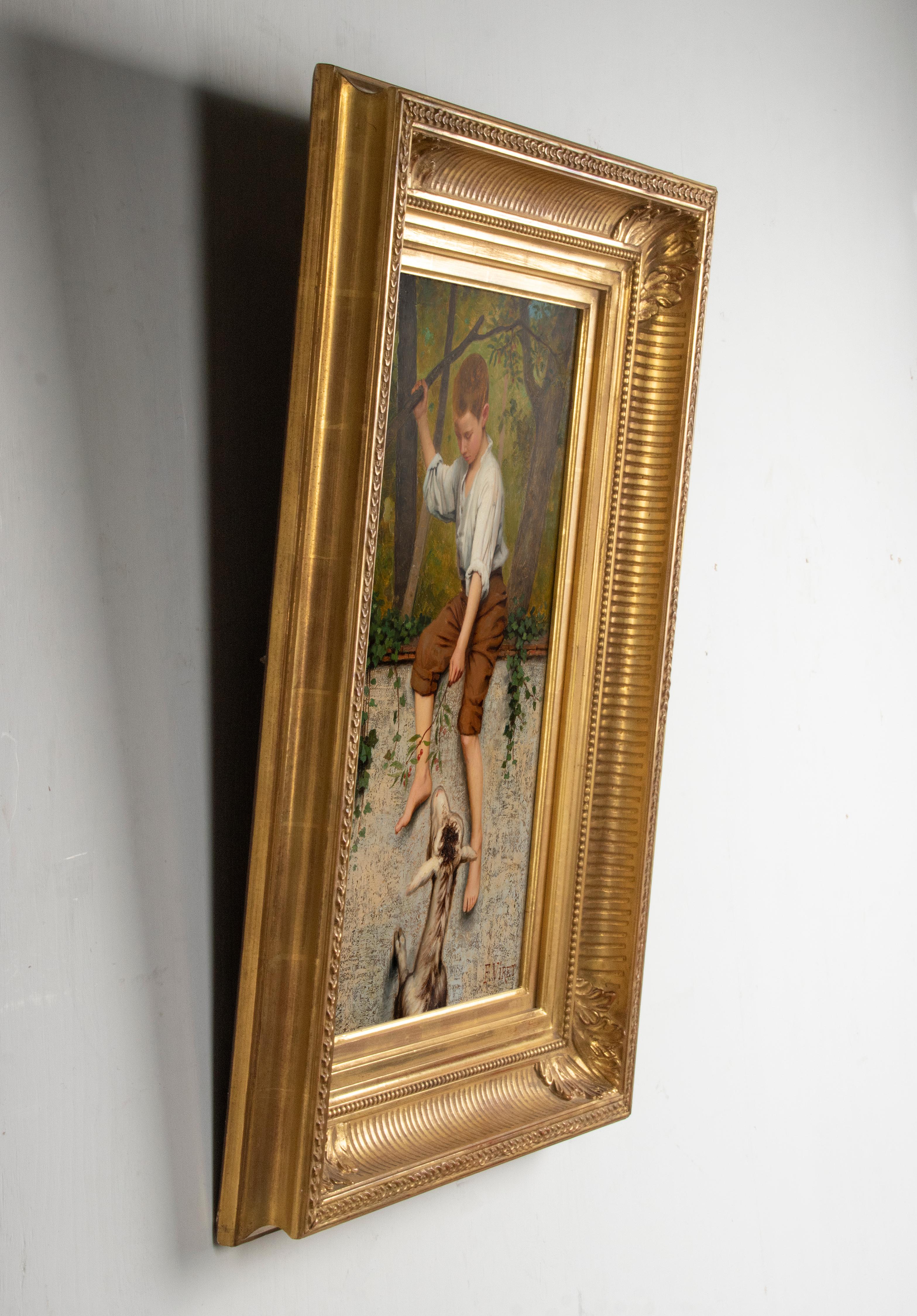 XIXe siècle Peinture à l'huile de la fin du 19e siècle Jeune garçon avec une chèvre par Frédéric Viret en vente