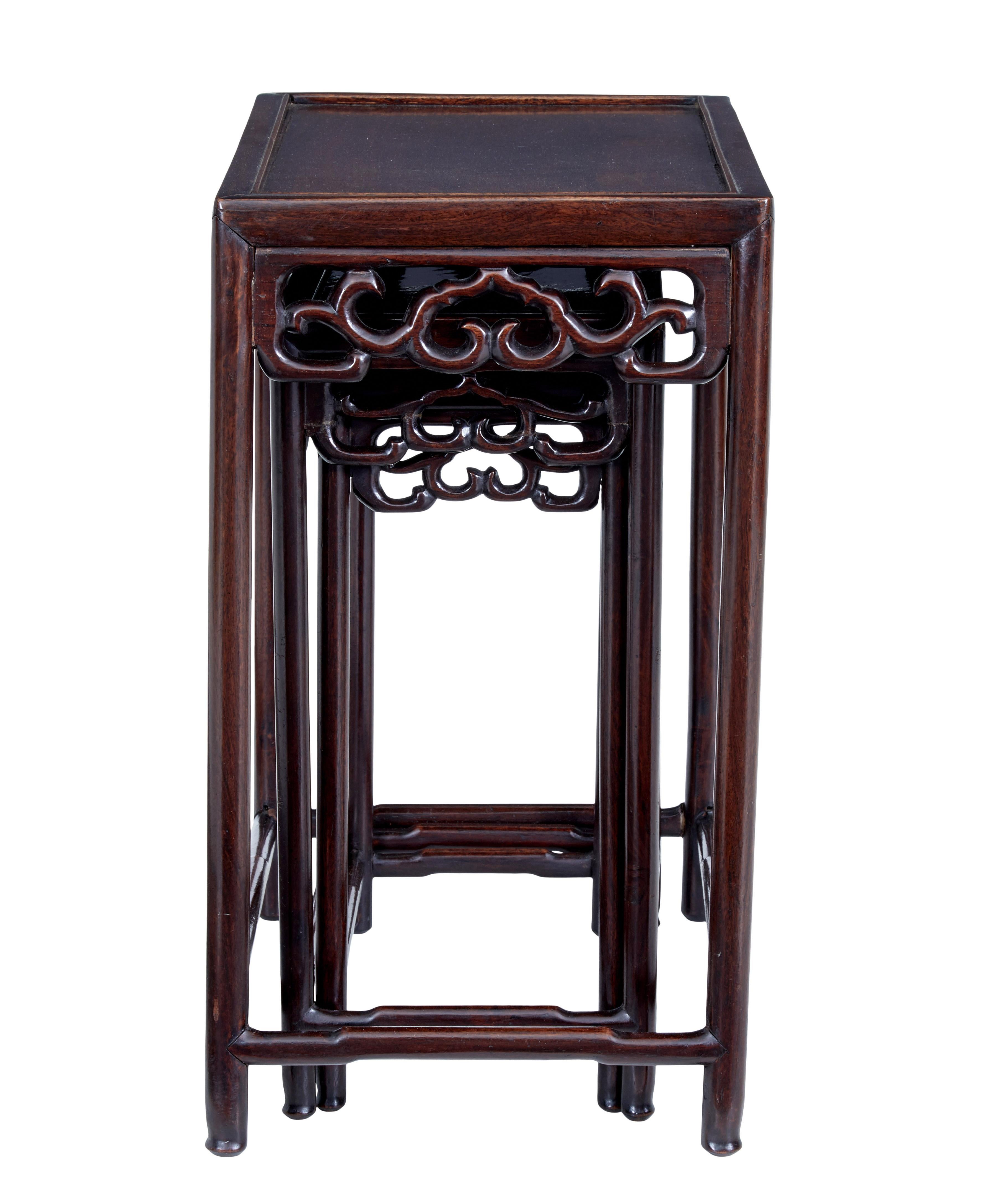 Late 19th century oriental nest of tables circa 1890.

Good quality set of 3 Chinese tables. Formerly a nest of 4. Good color and patina, similar to rosewood.

Nest forms by stacking as opposed to pulling out, ideal for making a set of