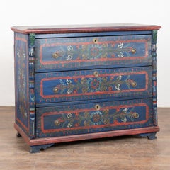 Late 19th Century Original Hand Painted Blue Blanket Chest of Three Drawers from