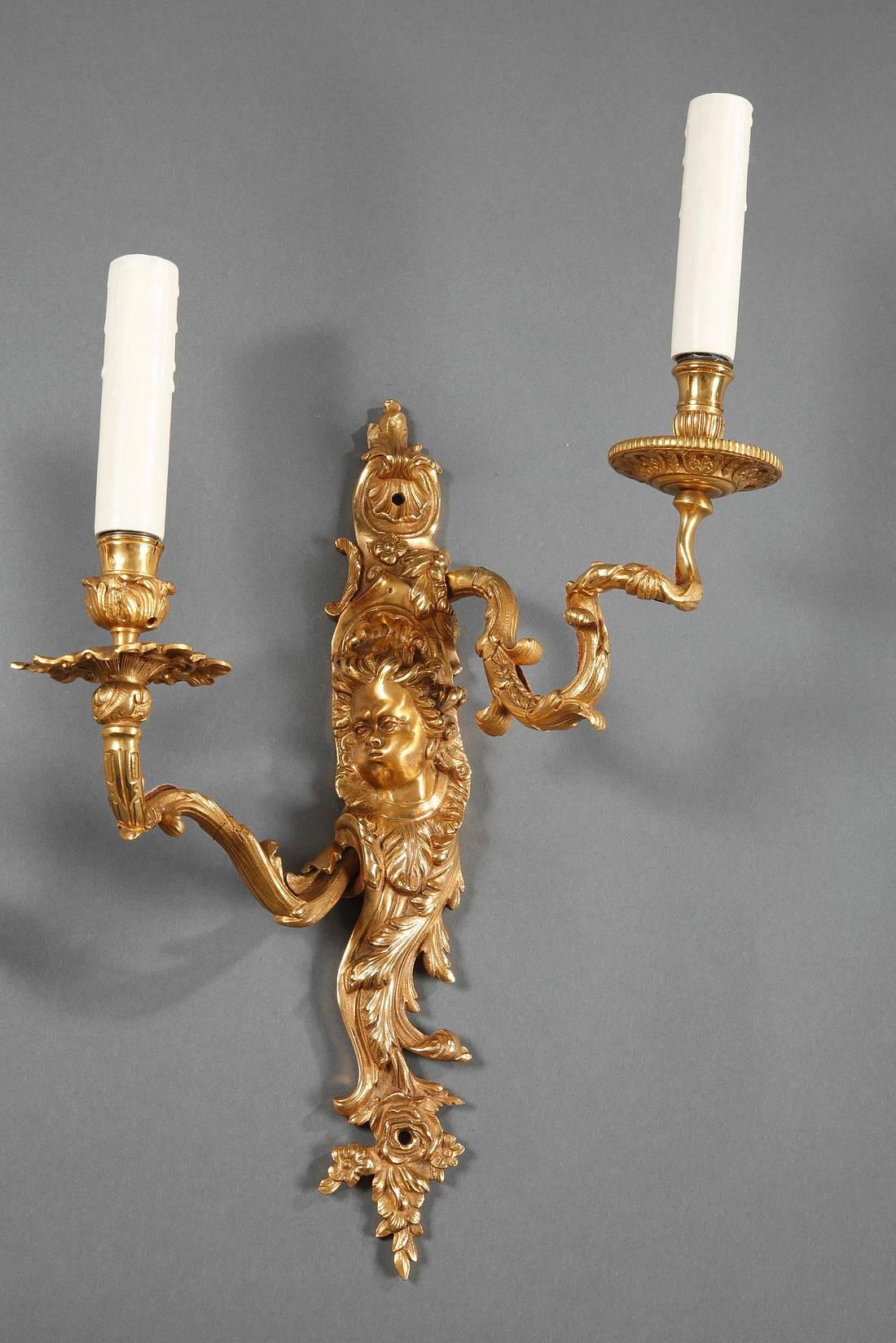 French Late 19th Century Ormolu Sconces in Louis XV Style