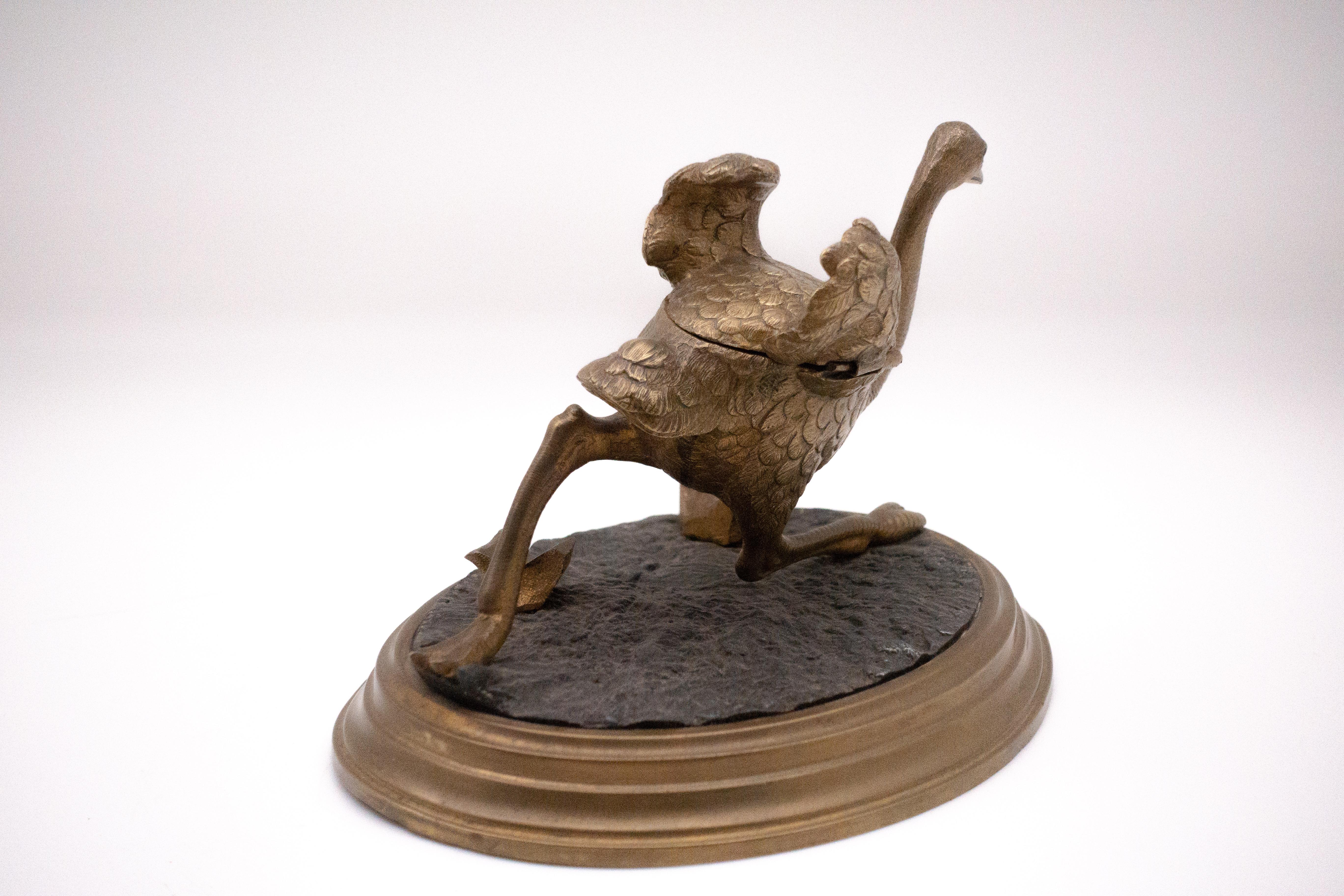 Victorian Late 19th Century Ostrich in Motion Inkwell with Ruby Colored Eyes