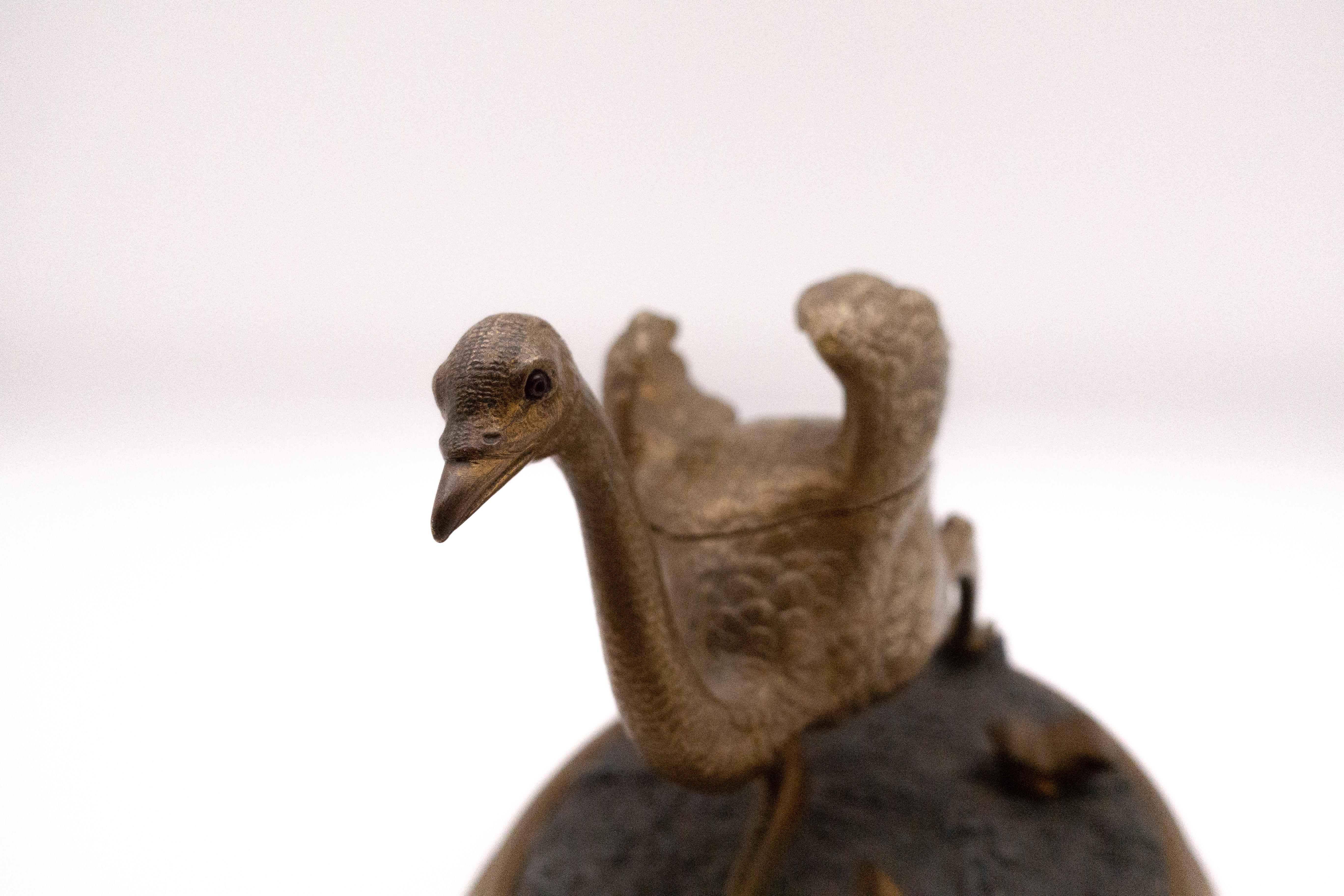Bronze Late 19th Century Ostrich in Motion Inkwell with Ruby Colored Eyes