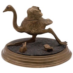 Late 19th Century Ostrich in Motion Inkwell with Ruby Colored Eyes