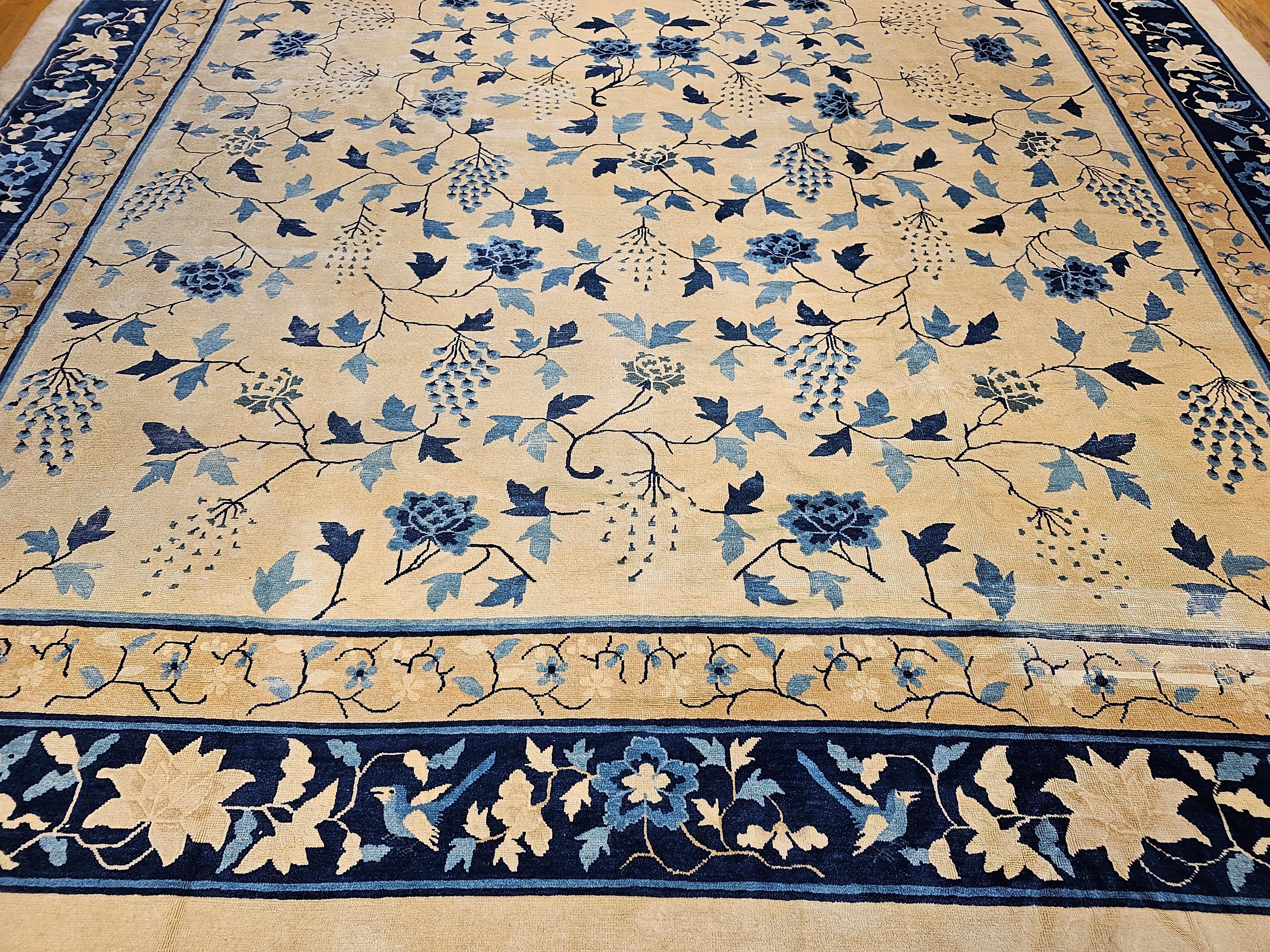 Hand-Knotted Late 19th Century Oversize Chinese Peking in Allover Pattern in Ivory, Baby Blue For Sale