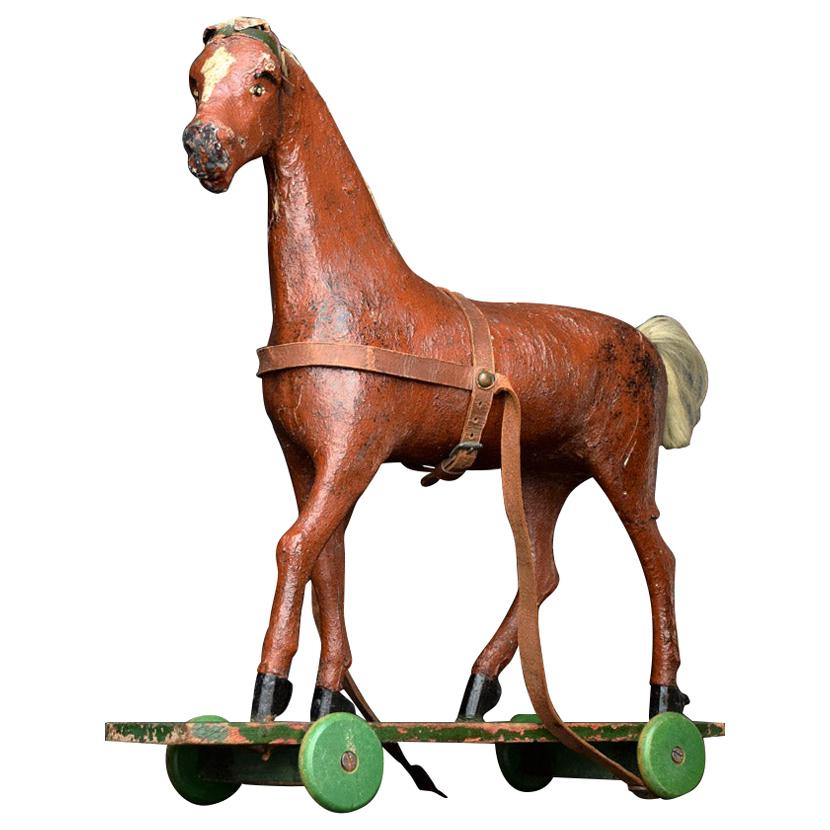 Late 19th Century Oversized Papier Maché Pull Along Horse Toy