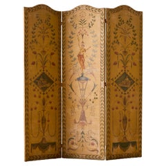 Antique Late 19th Century Painted Leather Three-Paneled Folding Screen