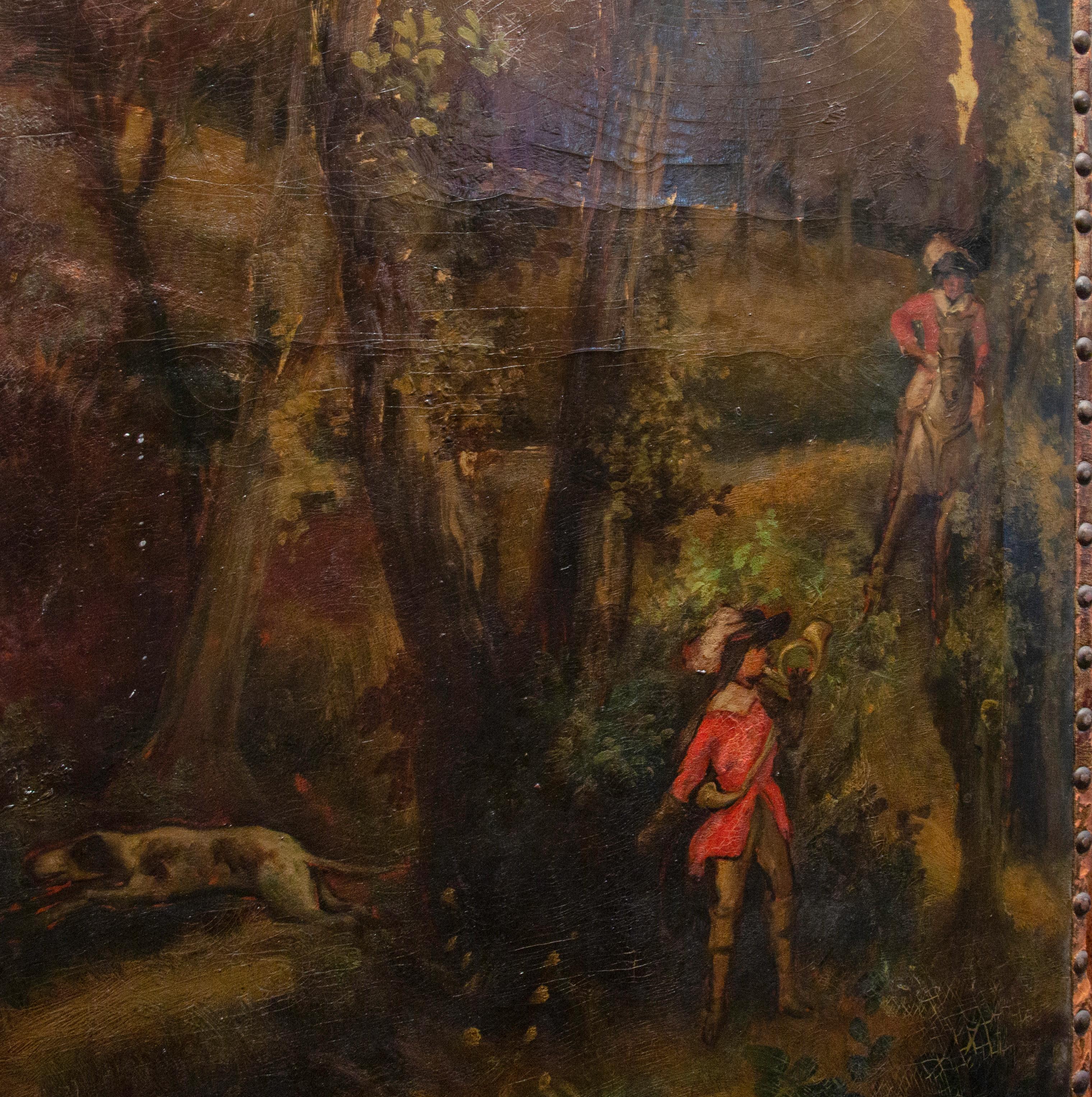 Cet exquis paravent peint provient de l'Angleterre de la fin du XIXe siècle et représente une captivante scène de chasse. L'écran est composé de trois panneaux, chacun arqué et peint sur du cuir de haute qualité, avec un support en toile de jute et