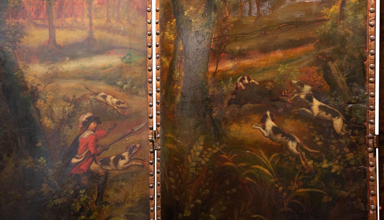 Anglais Paravent peint de la fin du 19e siècle avec scène de chasse en vente