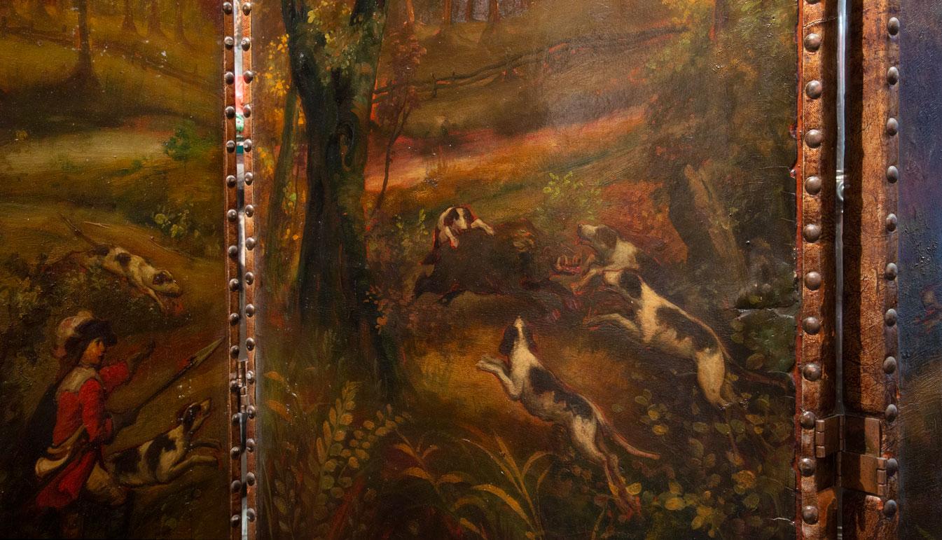 Peint à la main Paravent peint de la fin du 19e siècle avec scène de chasse en vente