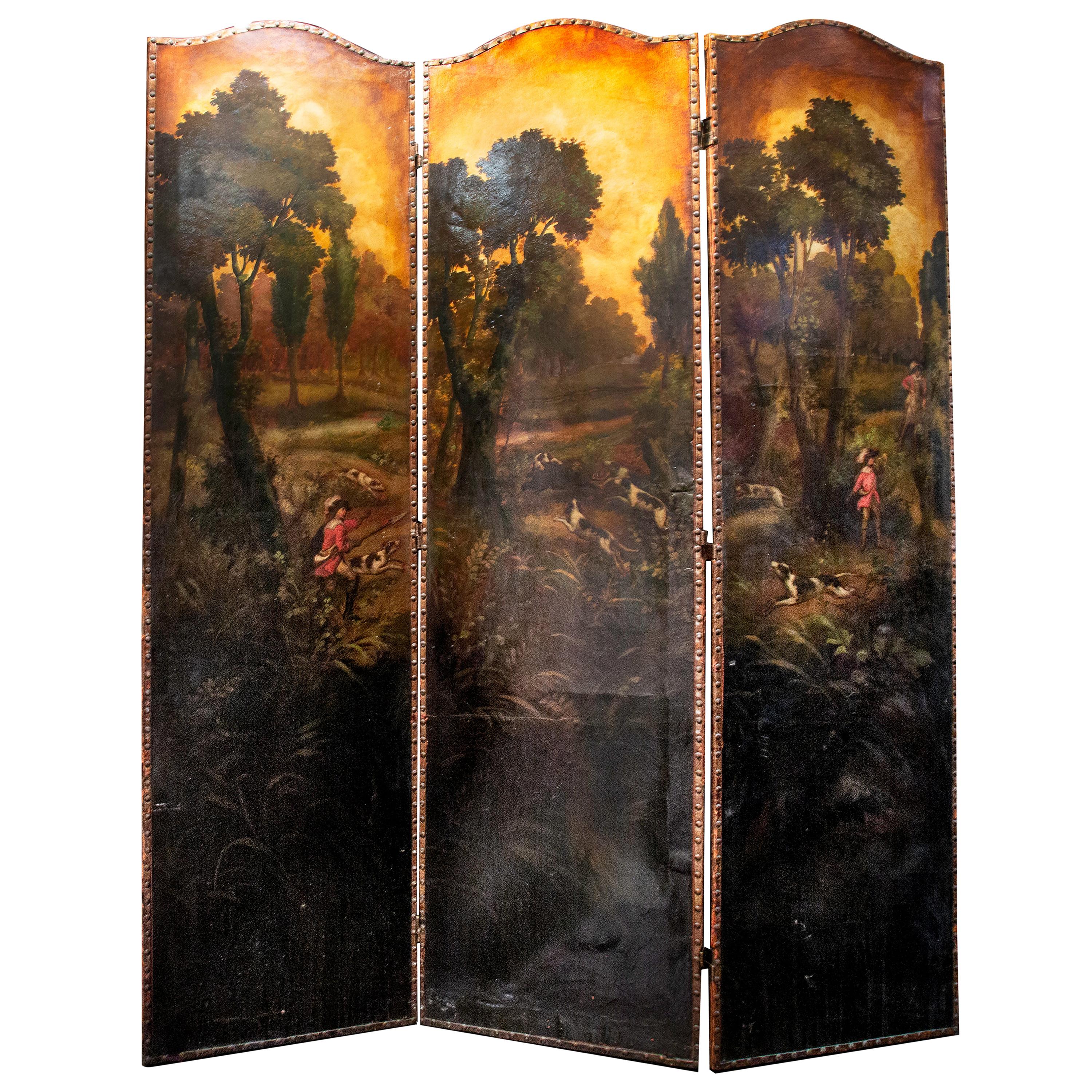 Late 19th Century Painted Screen with Hunt Scene