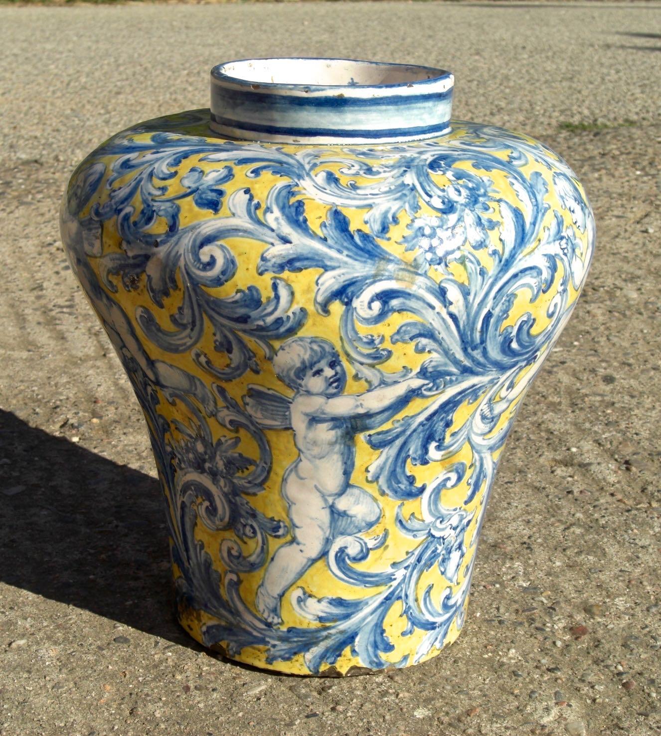 A beautifully preserved late 19th century painted majolica jar from Talavera de la Reina, Province of Toledo, in south-central Spain's Castile-La Mancha region, this piece was actually found in a magnificent private collection near Cordoba, Spain.