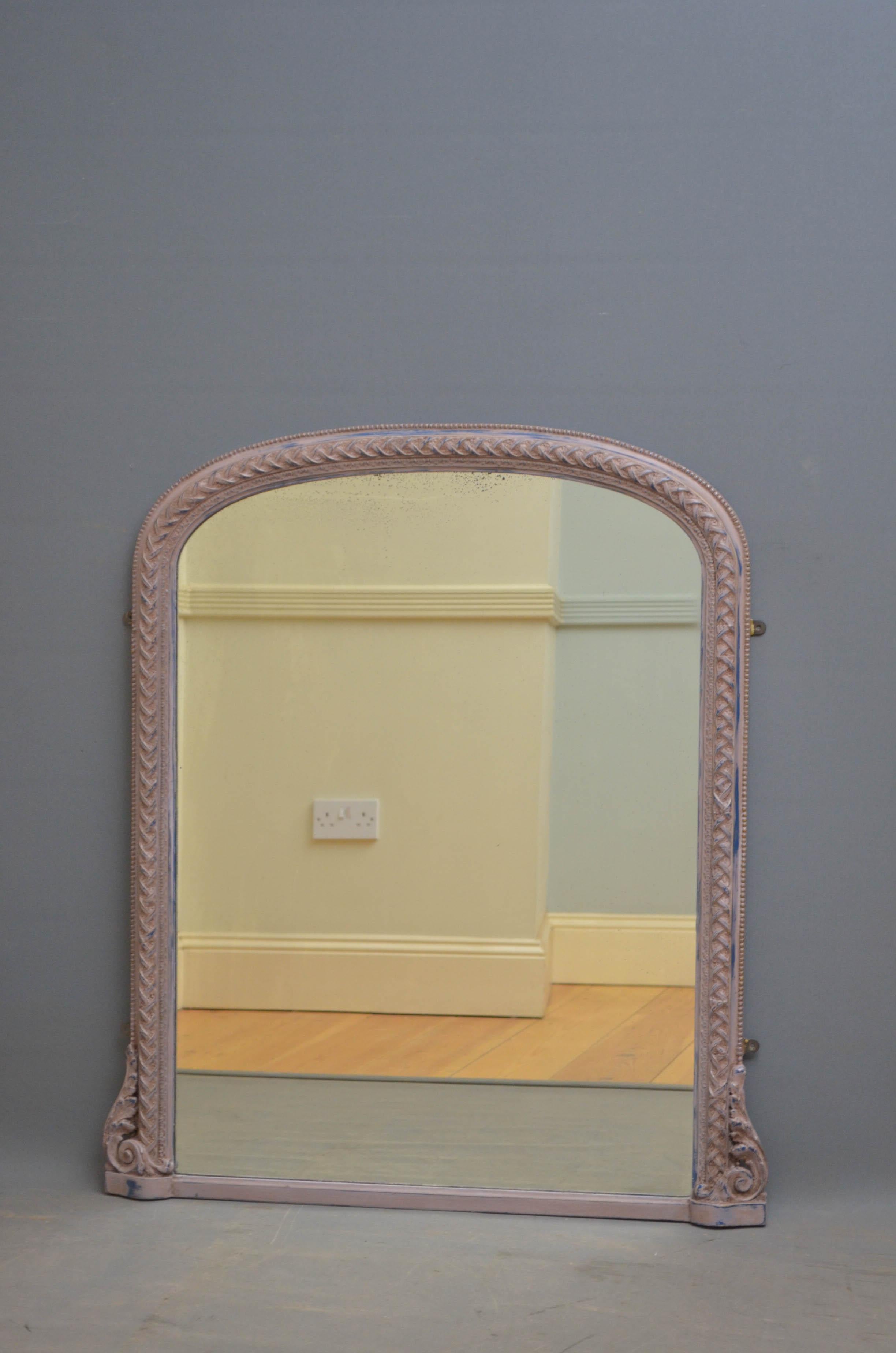 K0399 Victorian overmantel mirror, having original glass with some foxing in carved and painted frame with scrolls to base. The frame has been painted in lilac over ink blue. This mirror retains original glass and backboards, it has been painted,