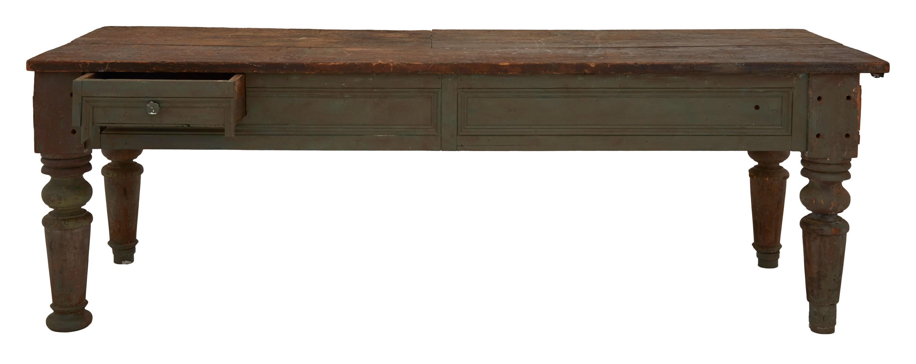 • Patinated painted base as found
• Wood top
• Late 19th century
• American
• Measures: 100.75