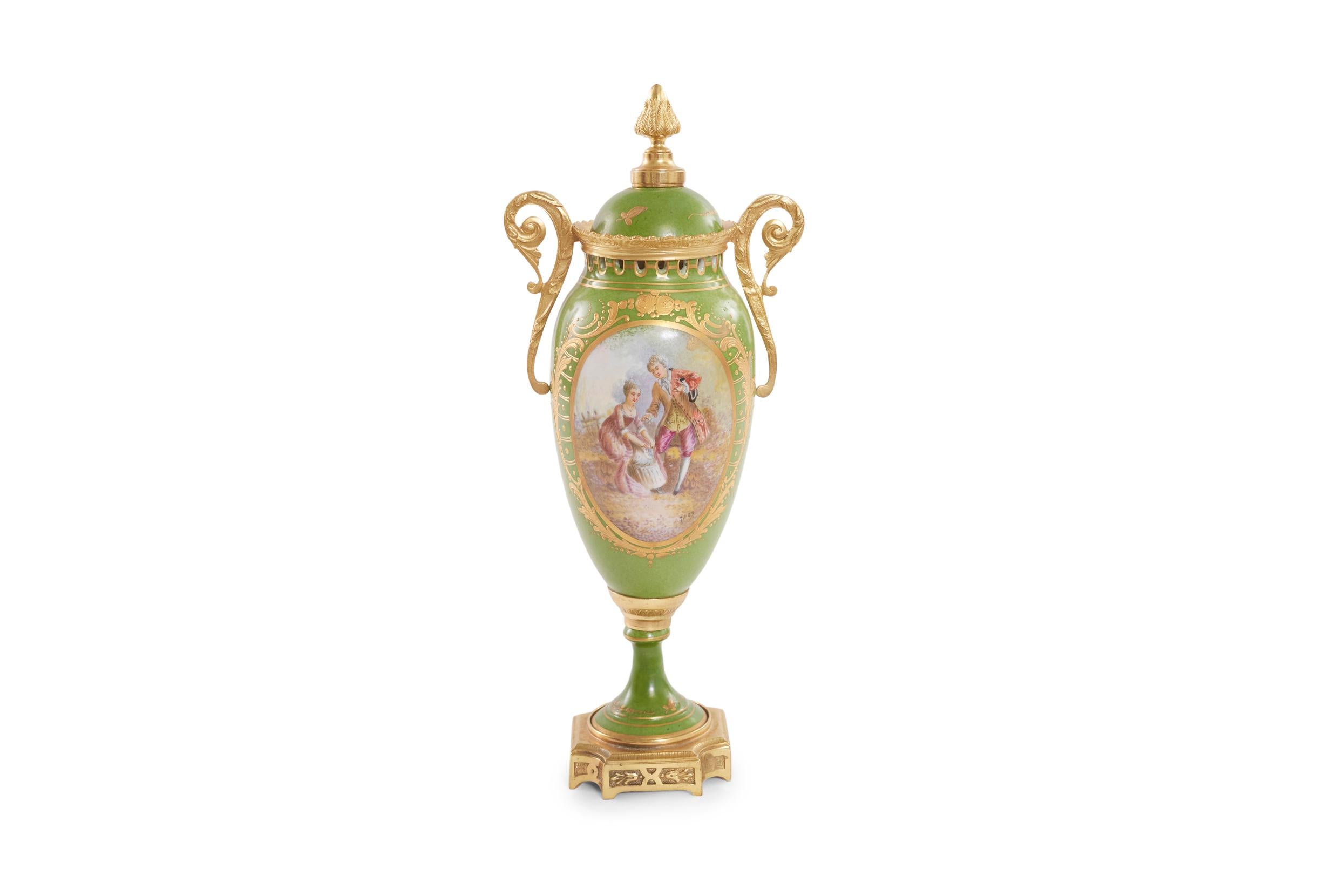 Late 19th century pair french porcelain covered decorative urn with side handles & exterior painted design details. Each urn is in great condition. Minor wear consistent with age / use. Artist signature Gilles lower right of each scene. One with
