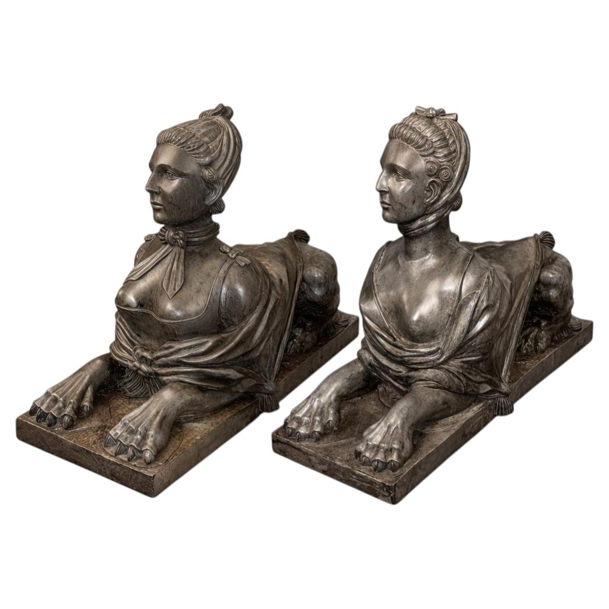 Late 19th Century Pair French Stone Sphinx Figures of Madame de Pompadour