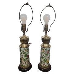 Late 19th Century Pair O Chinese Cloisonné Enamel Cylindrical Brass Vases Lamps 