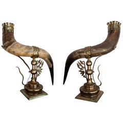 Late 19th Century, Pair of Anglo Indian Cornucopia Brass Mounted Horns