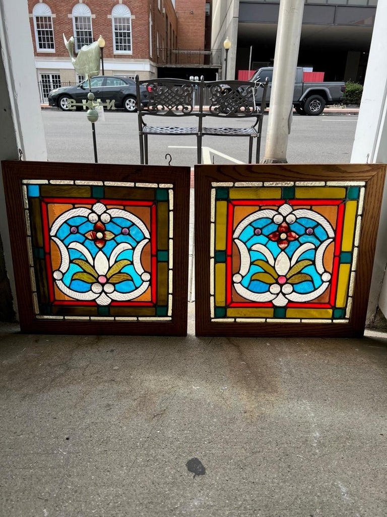 Late 19th Century Pair of Antique Stained Glass Window with Jewels Wood