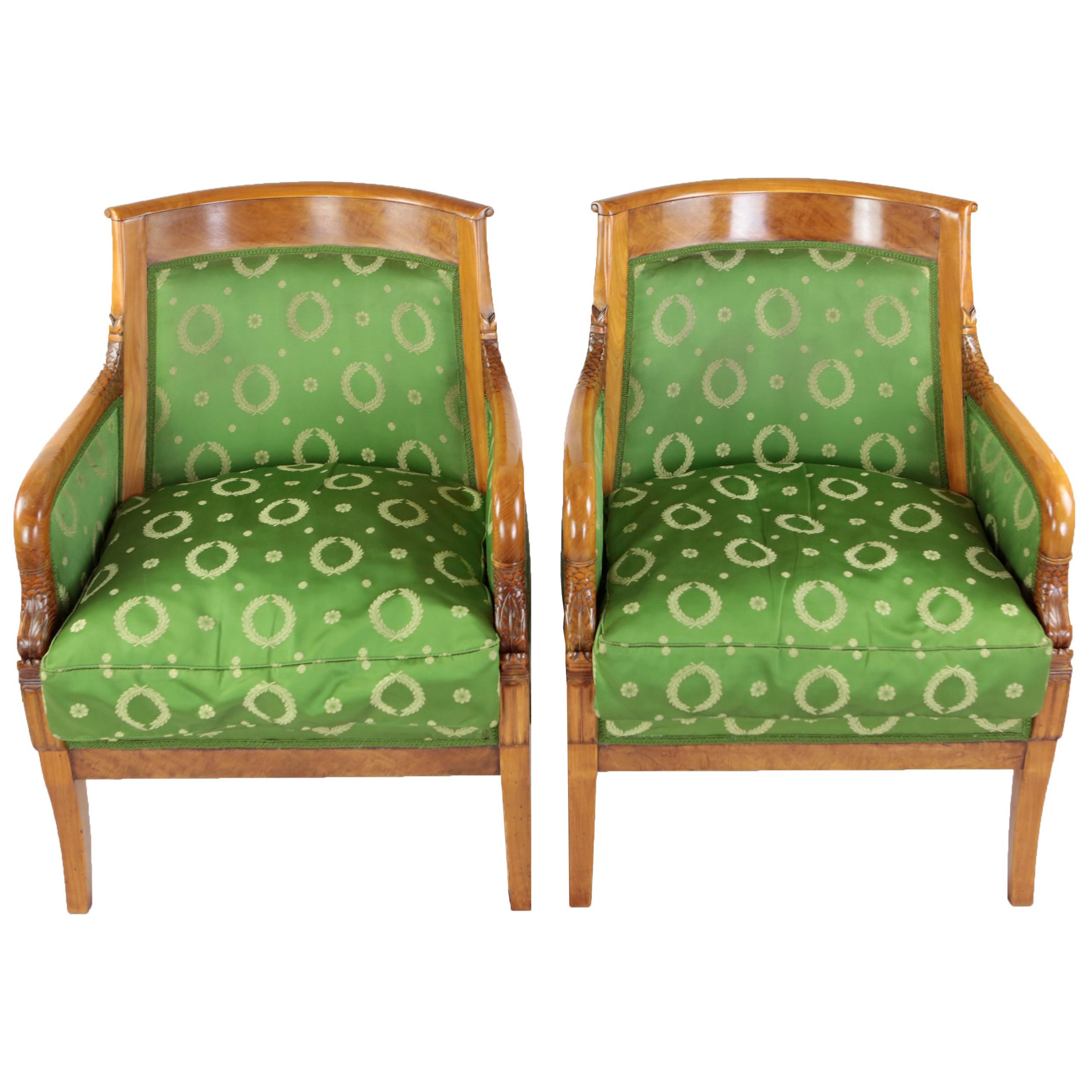 Late 19th Century Pair of Armchairs, Empire Style, France, Cherry and Maplewood For Sale