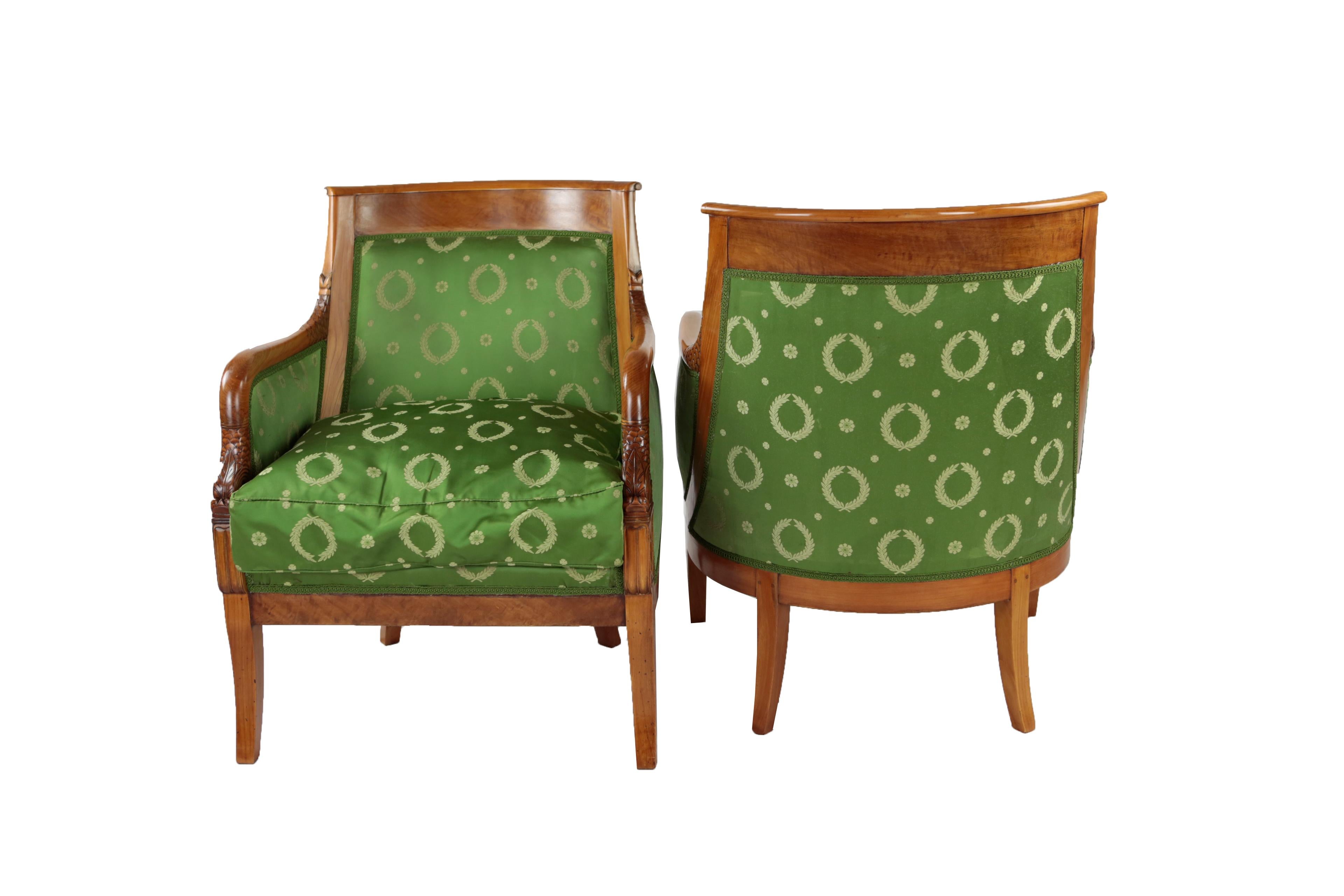 French Late 19th Century Pair of Armchairs, Empire Style, France, Cherry and Maplewood For Sale