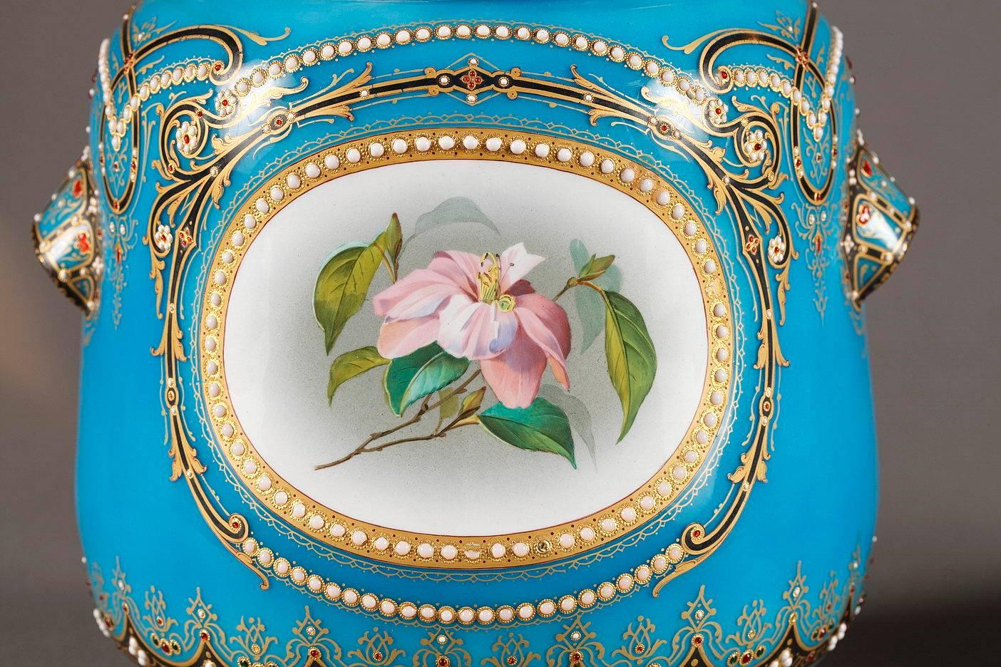 Late 19th Century Pair of Blue Bresse Enamel Jardinières For Sale 3