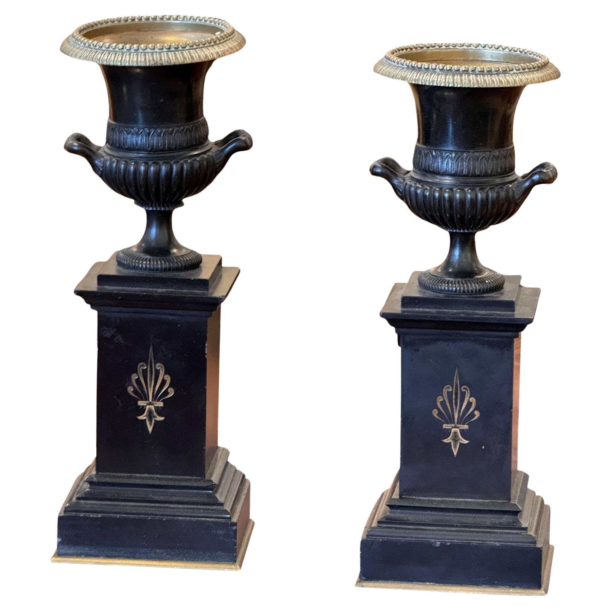 Late 19th Century Pair of Bronze and Marble Urns