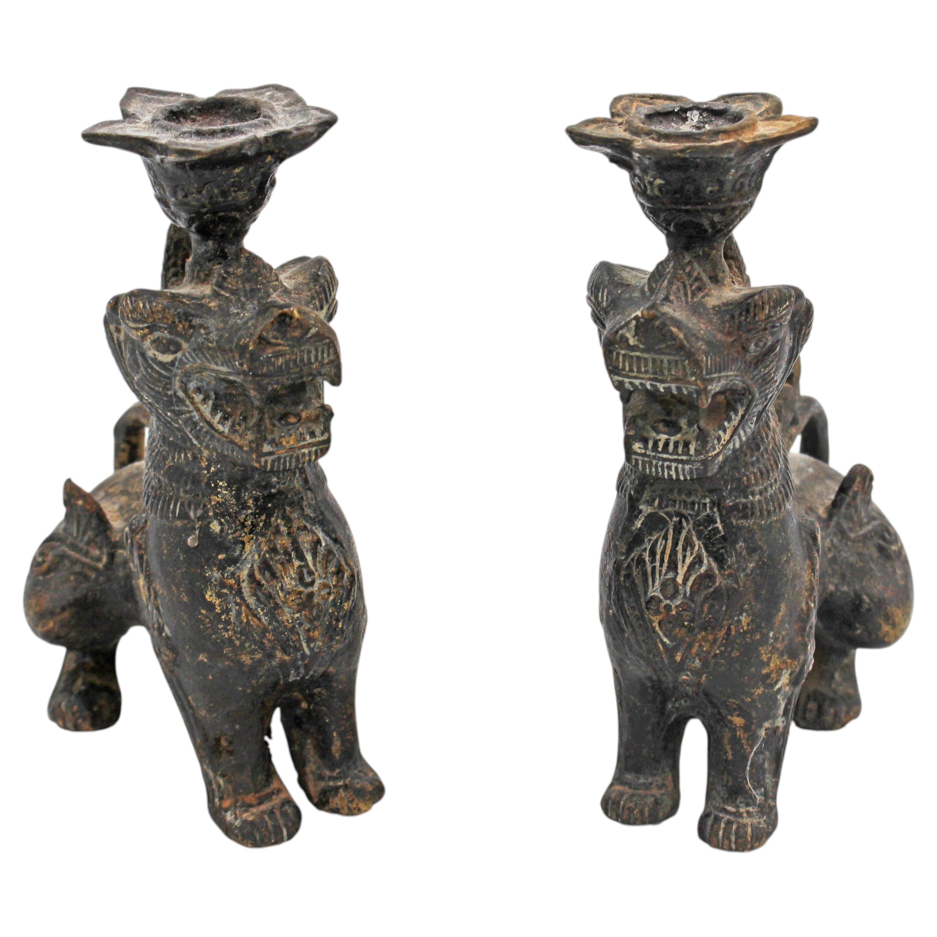 Late 19th Century Pair of Bronze Burmese Chinthe Temple Guardian Lions For Sale