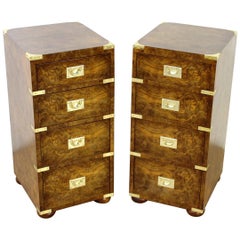 Antique Late 19th Century Pair of Burr Walnut Military Style Bedside Chests