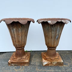 Late 19th Century Pair of Cast Iron Garden Fluted Urn Planters
