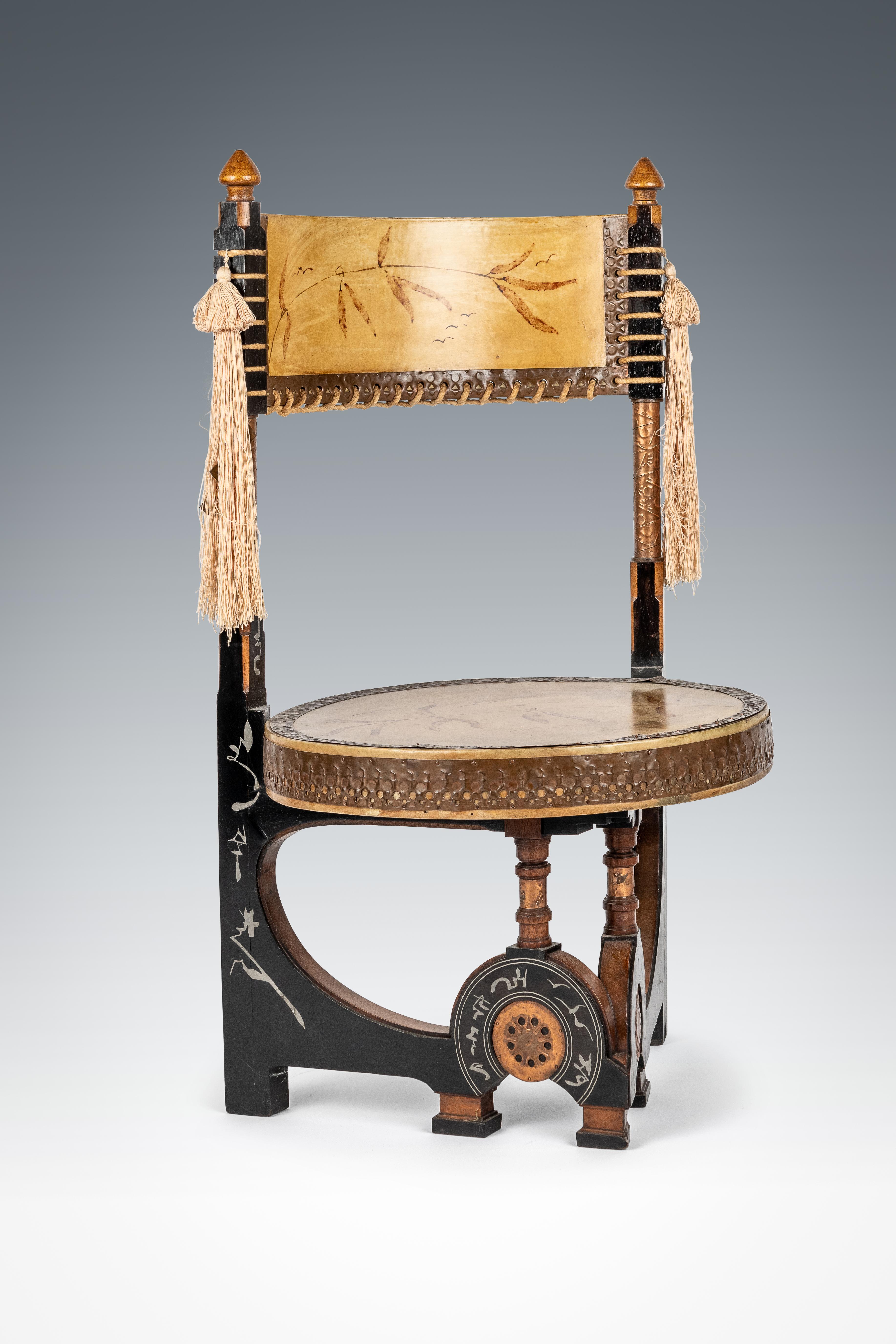 Modern Late 19th Century Pair of Circular Throne Chairs by Carlo Bugatti, Vellum, Walnut For Sale