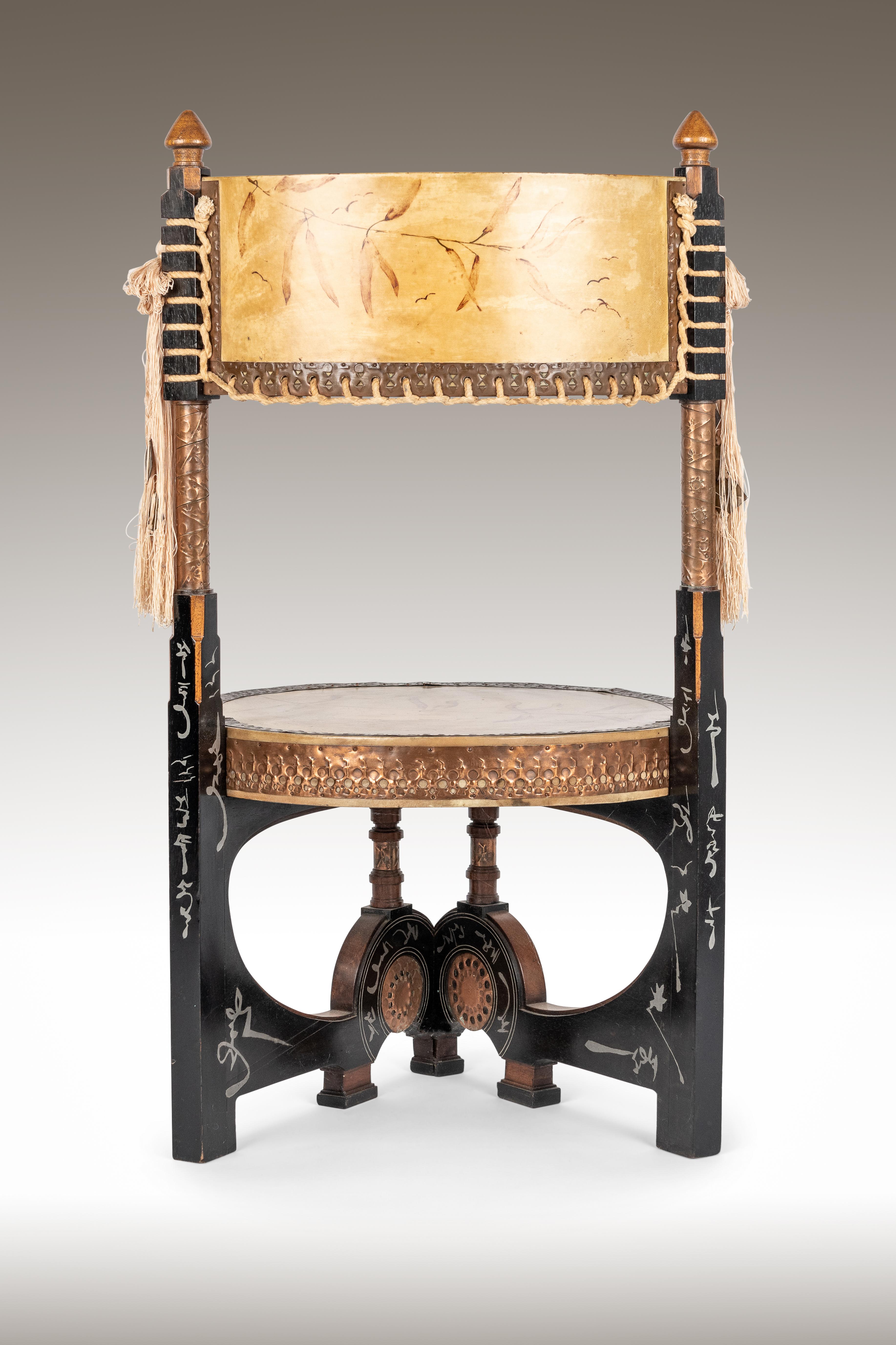 Italian Late 19th Century Pair of Circular Throne Chairs by Carlo Bugatti, Vellum, Walnut For Sale