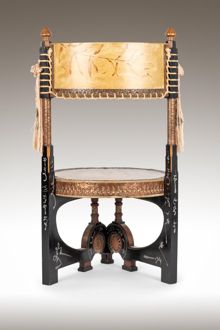 Italian Late 19th Century Pair of Circular Throne Chairs by Carlo Bugatti, Vellum,Walnut For Sale