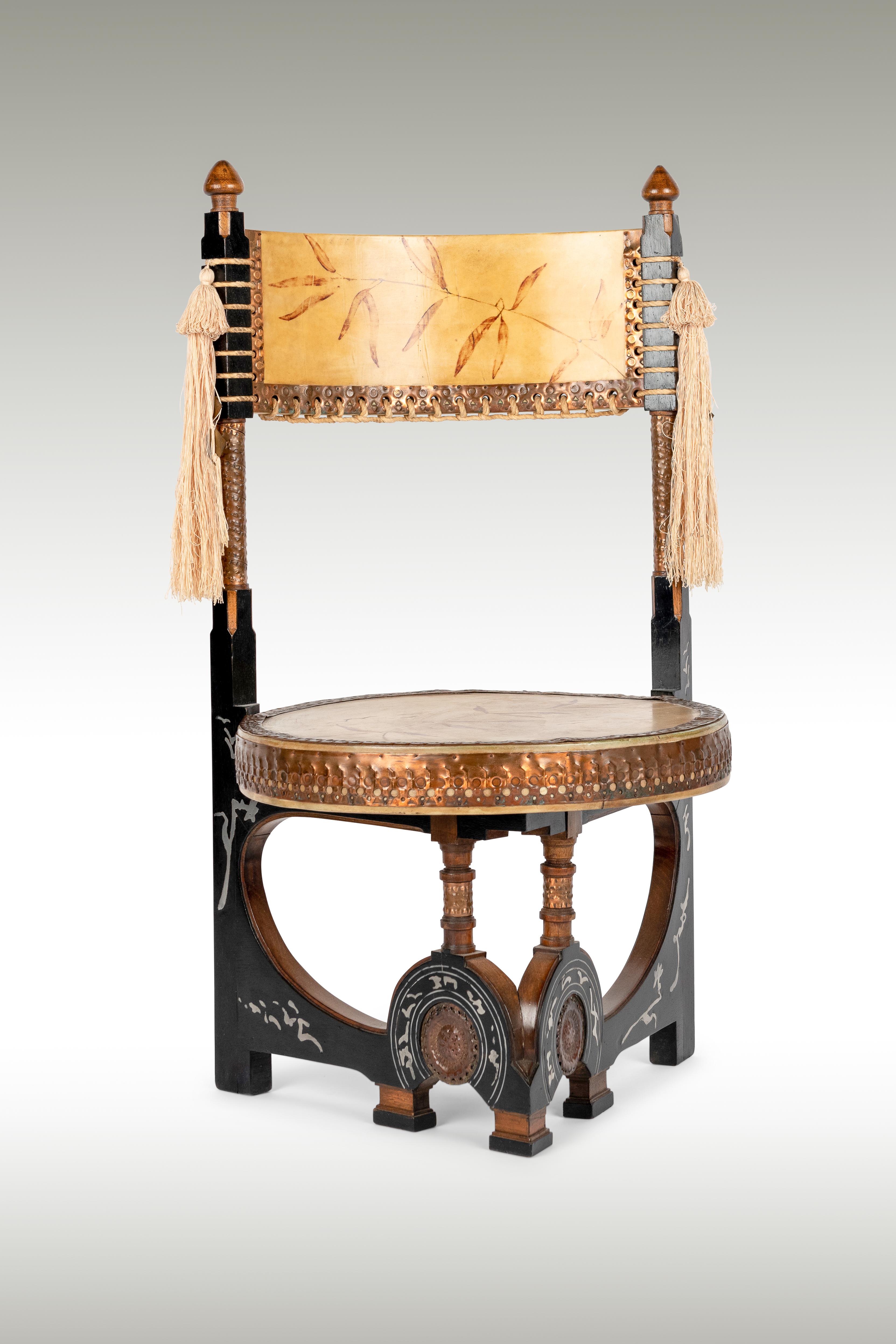 Animal Skin Late 19th Century Pair of Circular Throne Chairs by Carlo Bugatti, Vellum, Walnut For Sale