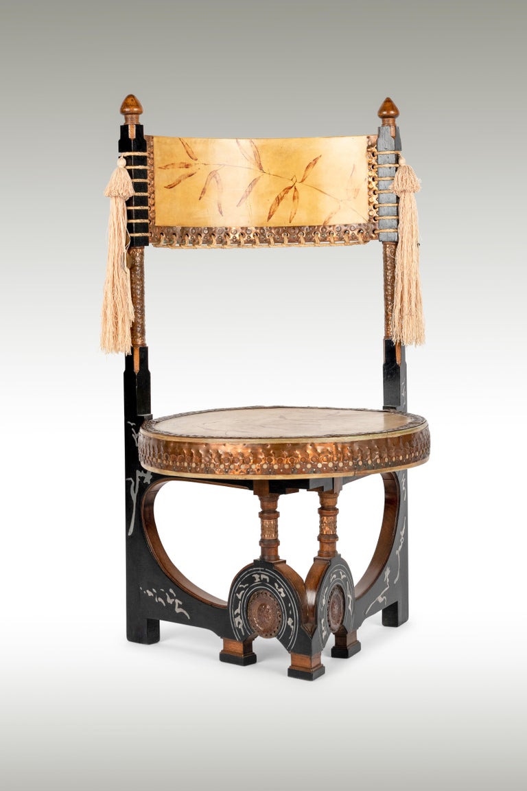 Animal Skin Late 19th Century Pair of Circular Throne Chairs by Carlo Bugatti, Vellum,Walnut For Sale