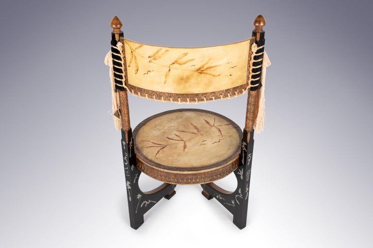 Late 19th Century Pair of Circular Throne Chairs by Carlo Bugatti, Vellum,Walnut For Sale 1