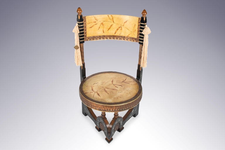 Late 19th Century Pair of Circular Throne Chairs by Carlo Bugatti, Vellum,Walnut For Sale 2