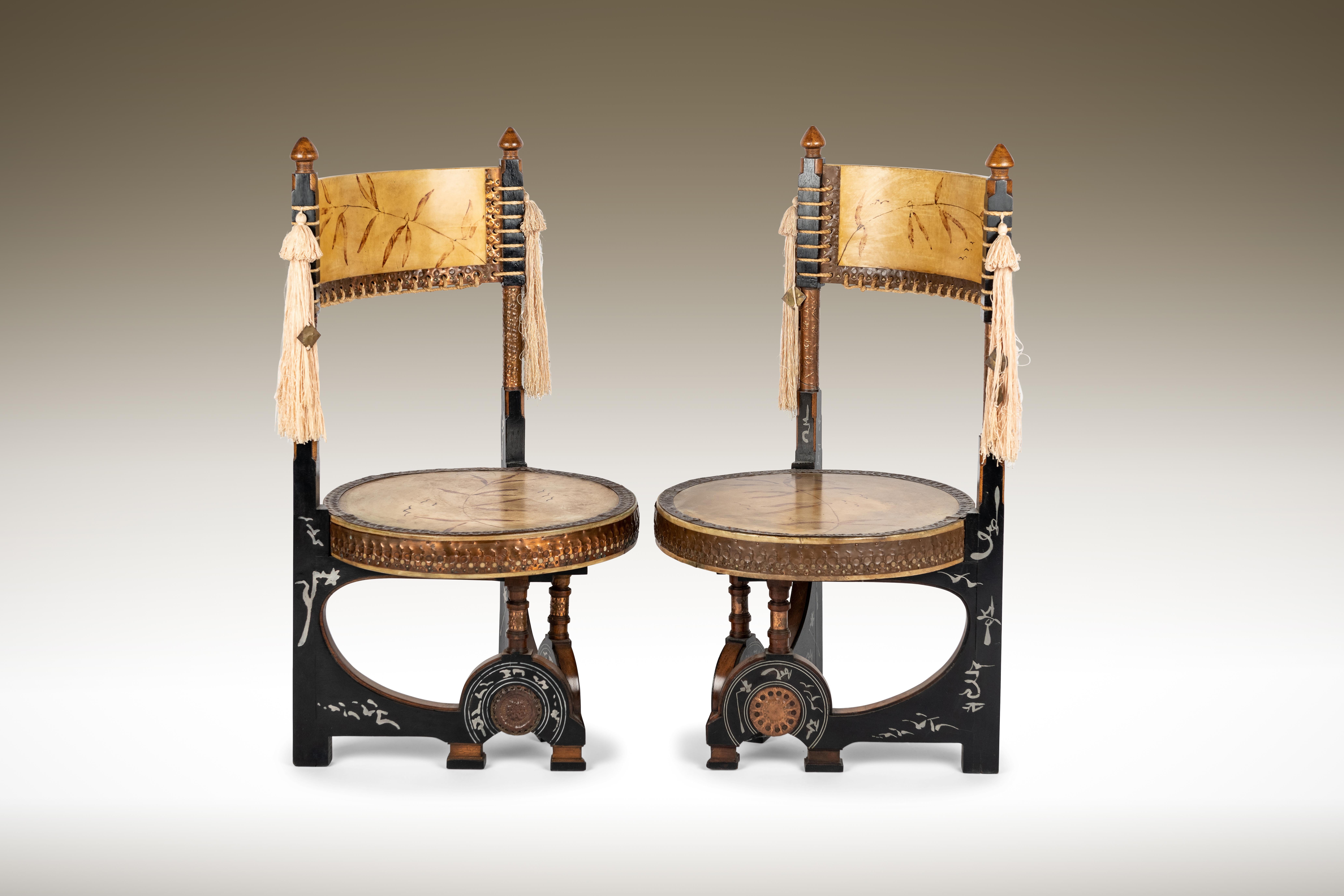 Late 19th Century Pair of Circular Throne Chairs by Carlo Bugatti, Vellum, Walnut For Sale 3