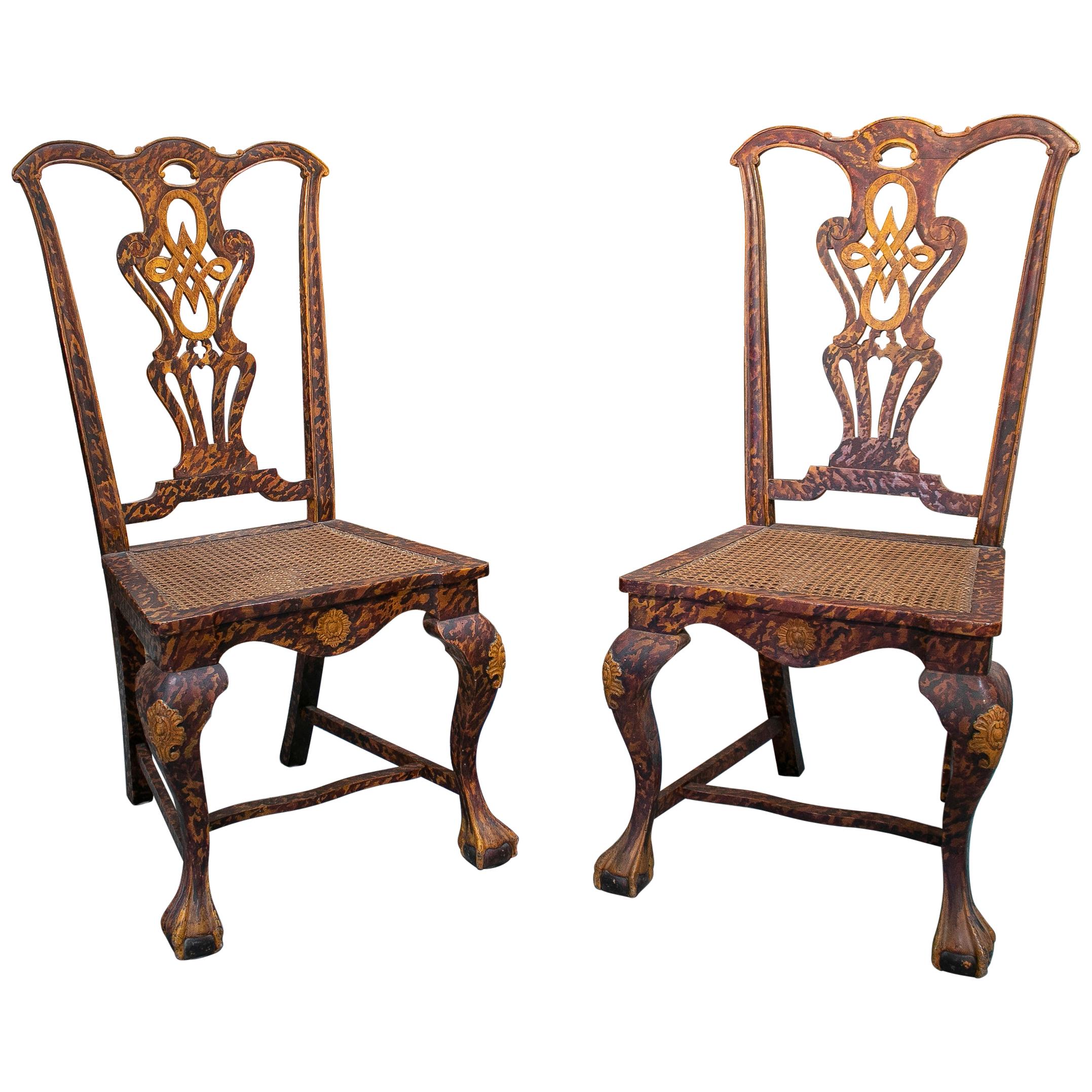 Late 19th Century Pair of English Chippendale Style Chairs with Faux Marbling