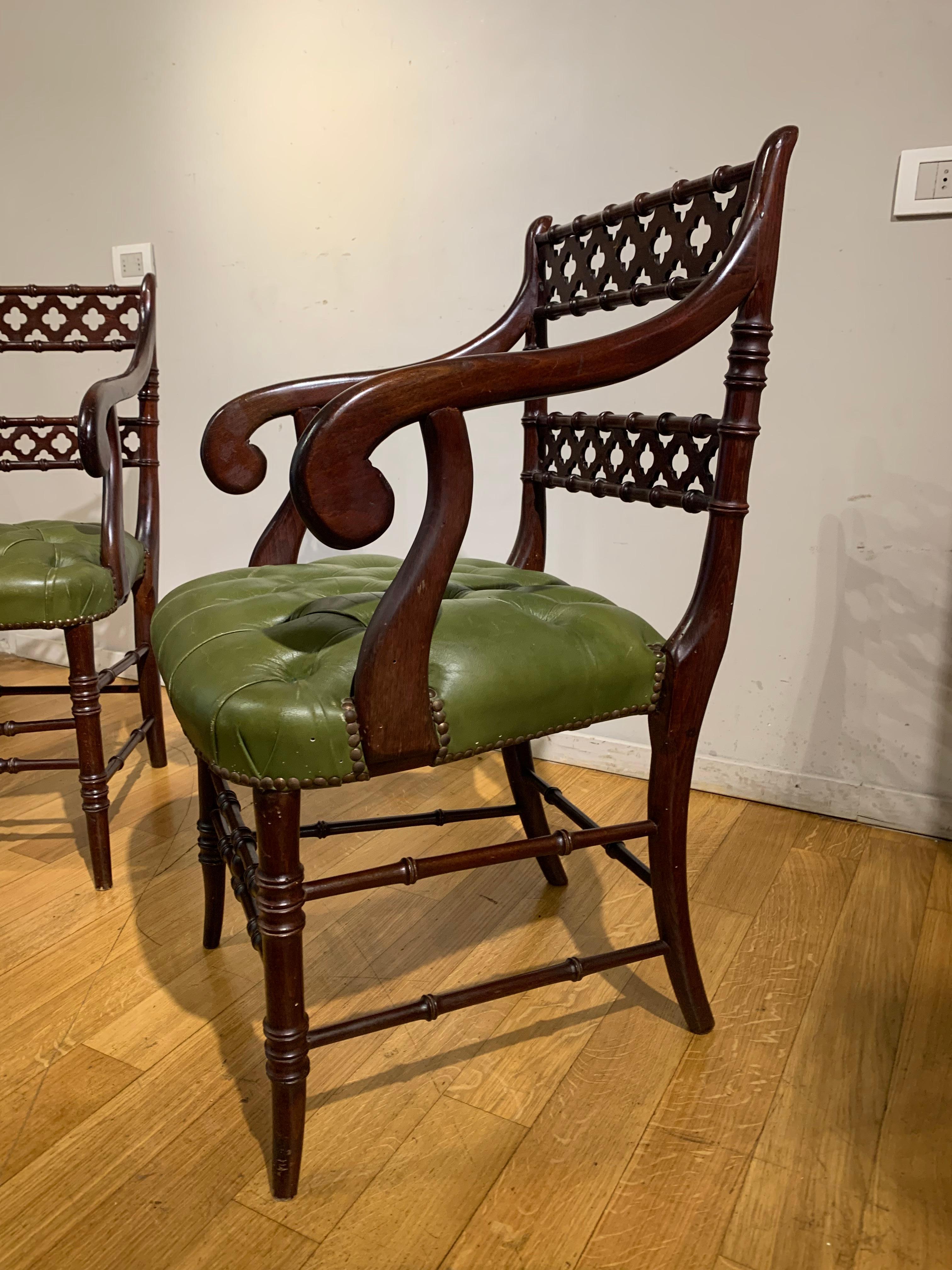 Leather Late 19th Century Pair of English Mahogany Armchairs