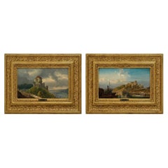 Late 19th Century Pair of European Castle Landscape Paintings by M. Day