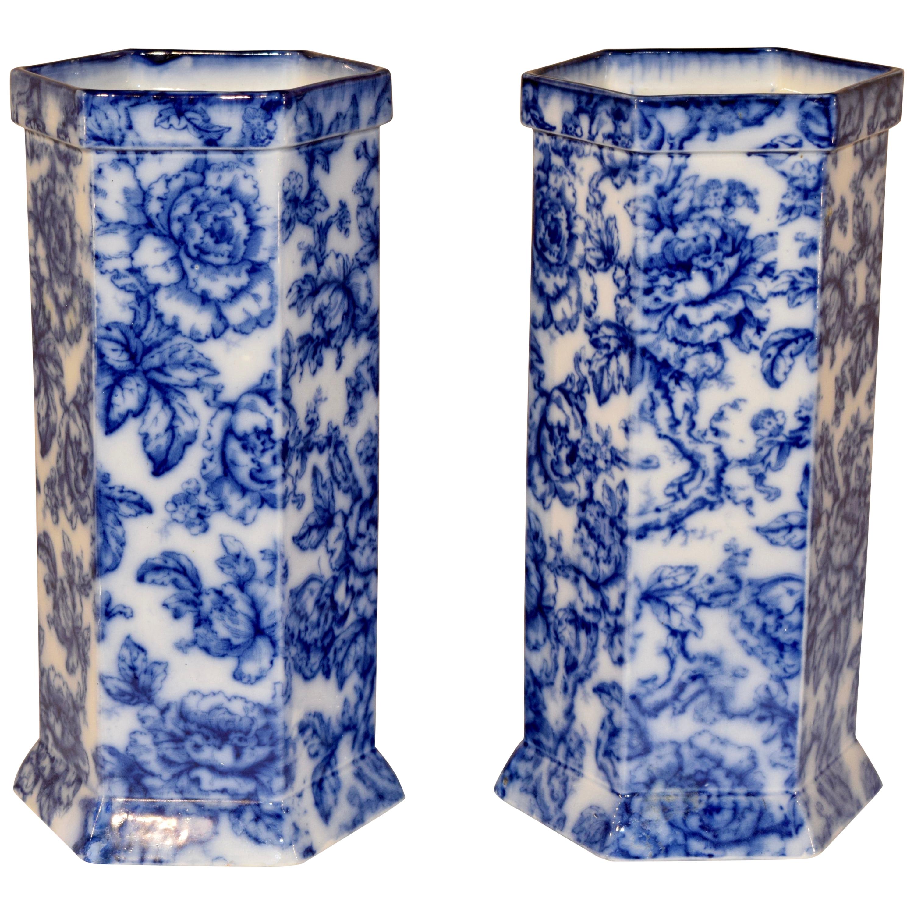 Late 19th Century Pair of Flow Blue Vases