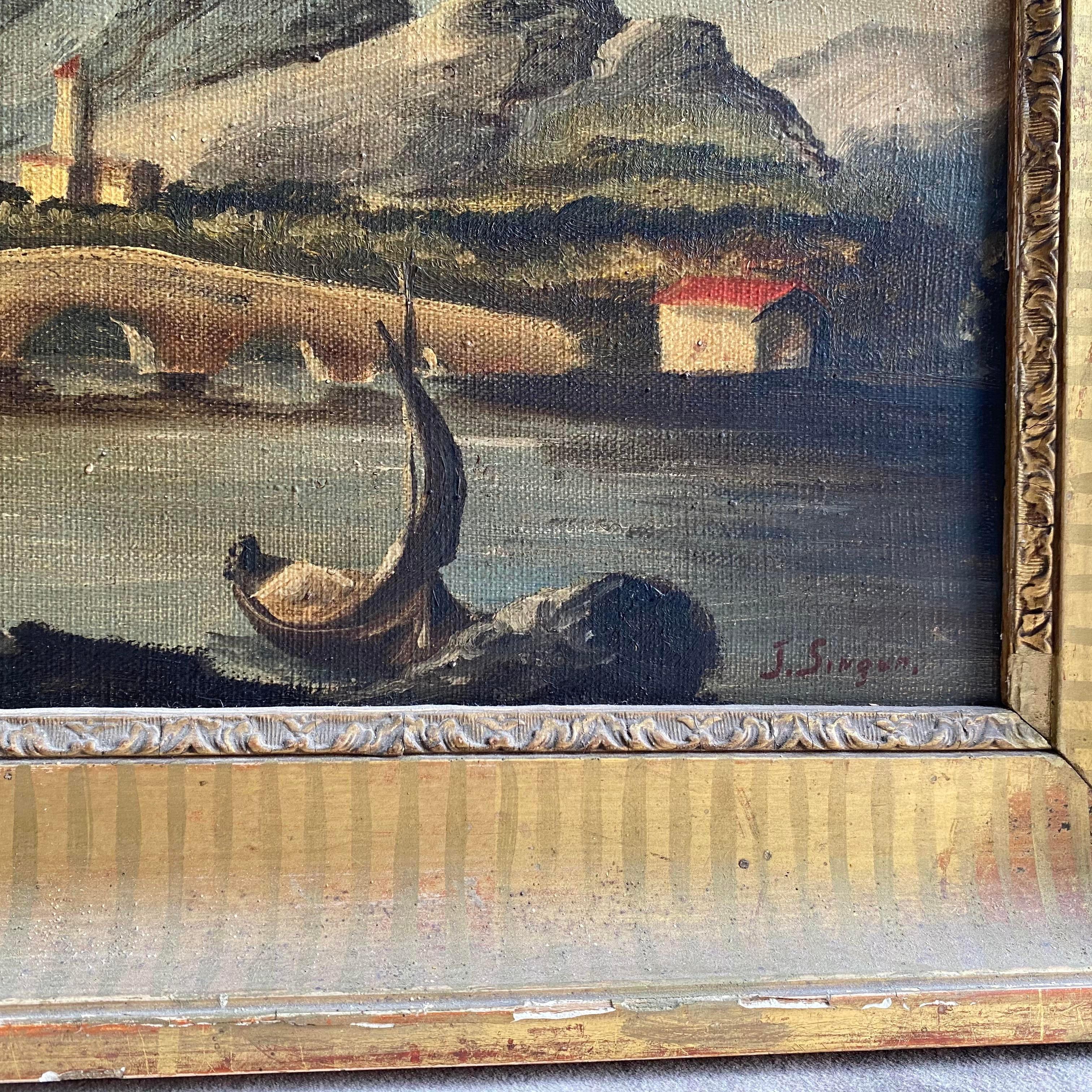 Two English paintings depicting bridge landscapes, they are made in England in late 19th century, they are signed J. Singen.