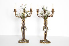 Late 19th Century Pair of French Belle Époque Gilt Bronze Porcelain Candelabra