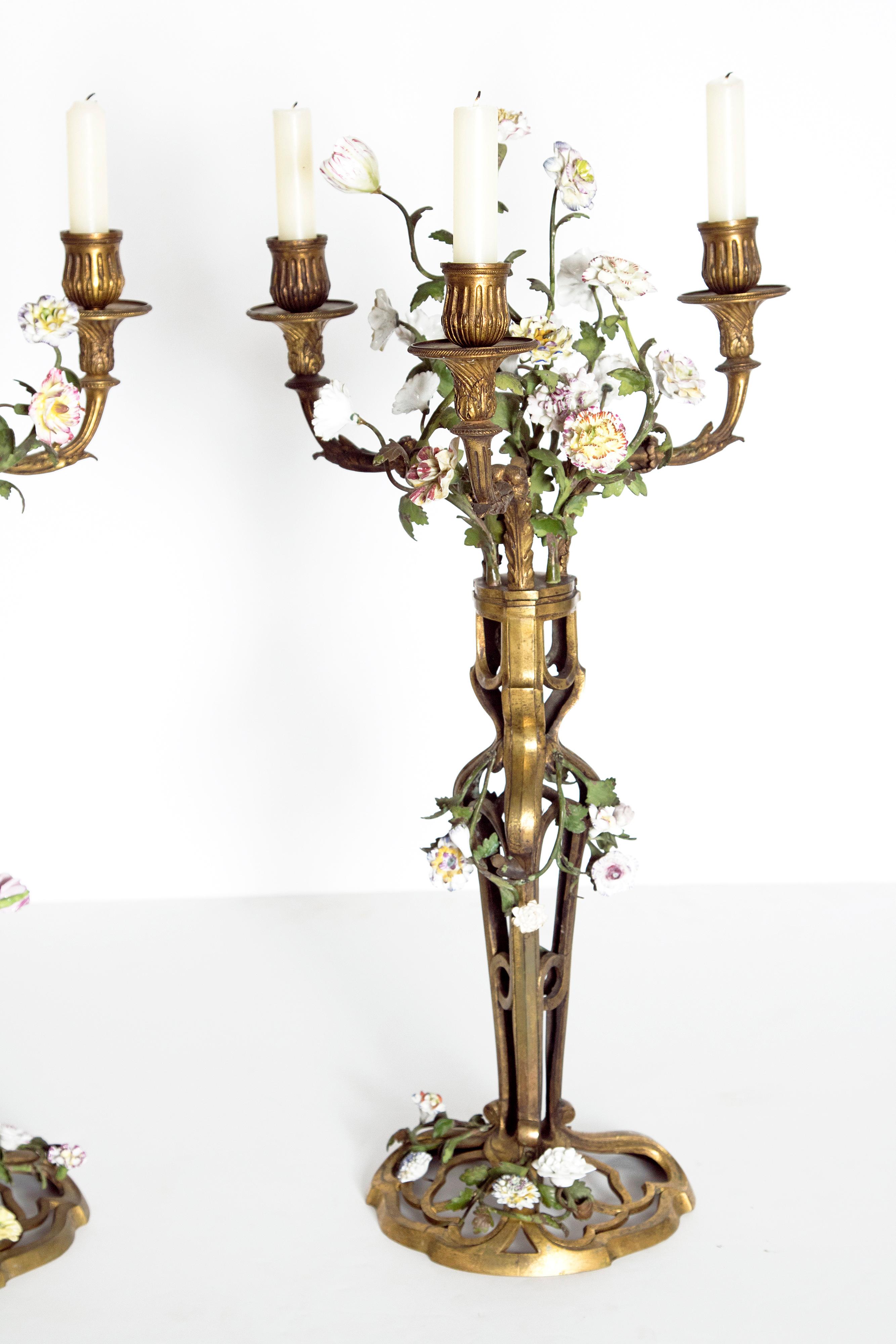Late 19th Century Pair of French Belle Époque Gilt Bronze Porcelain Candelabra In Good Condition In Dallas, TX