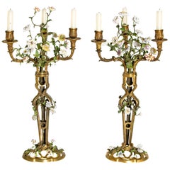 Late 19th Century Pair of French Belle Époque Gilt Bronze Porcelain Candelabra